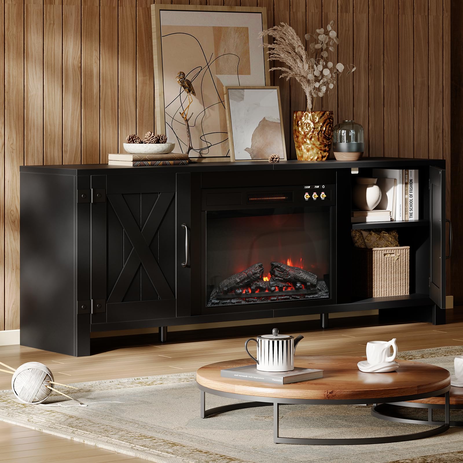 Bestier 63" Fireplace TV Stand for TVs Up to 70", Farmhouse Barn Door Entertainment Center with Electric Heater, Storage Cabinets & Shelves, Retro Med