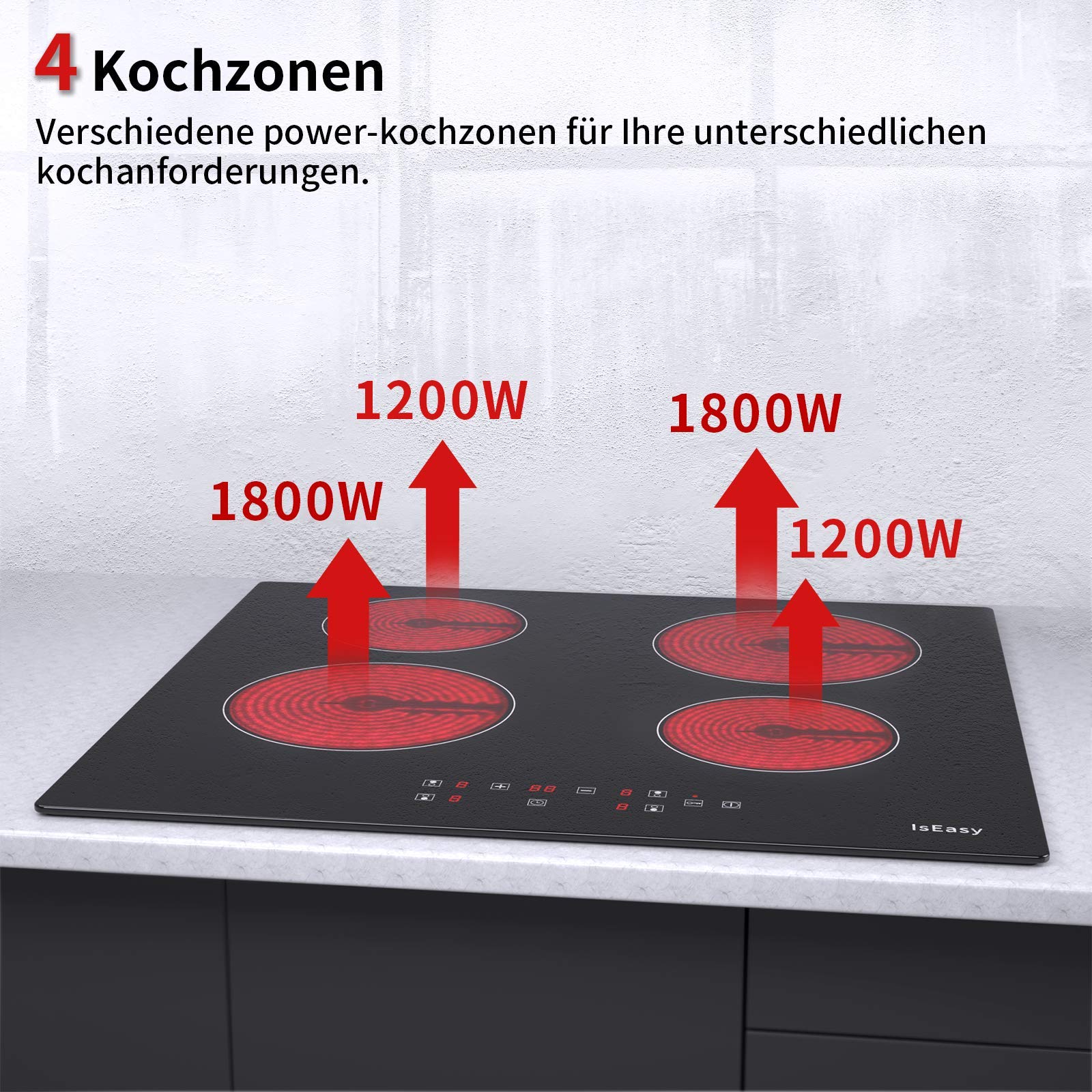 IsEasy Płyta grzewcza ze szkła ceramicznego, 6000W 59cm, 4 strefy gotowania, okablowanie, wbudowana elektryczna niezależna bezramowa, 9 poziomów grzania, pasuje do większości garnków