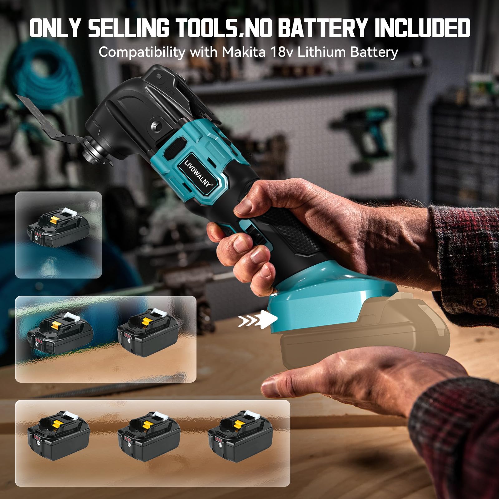 LIVOWALNY Outil Multifonction Oscillant Sans Fil Compatible avec Makita 18V Batterie, Multitool à 6 Vitesses Réglables, Scie Multifonction pour Enlever, Gratter-Bleu（Outils Uniquement）
