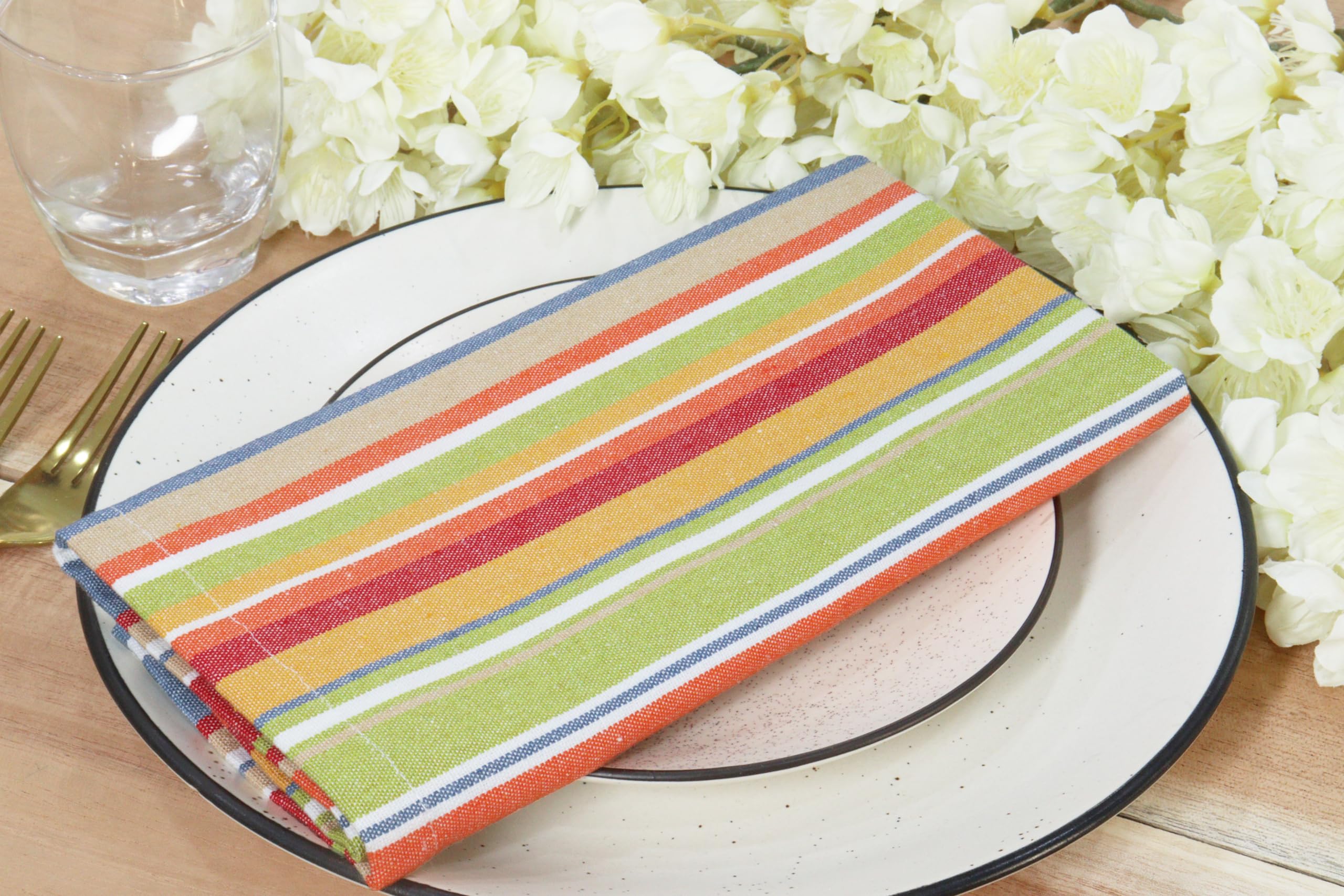 PurpleEssences Plain Striped Cloth Napkins - Set of 12-100% Cotton - 18 x 18 Inch - Spring Summer Easter - Perfect Everyday Use Dinner Napkin - Multi Color
