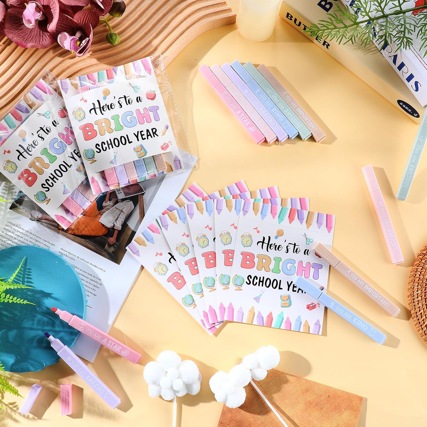 Funrous 24 Sets Inspirational Highlighters Bulk Back to School Gifts for Students with 144 Highlighters and 24 Greeting Cards First Day of School Gifts Teacher Classroom Rewards Party Supplies