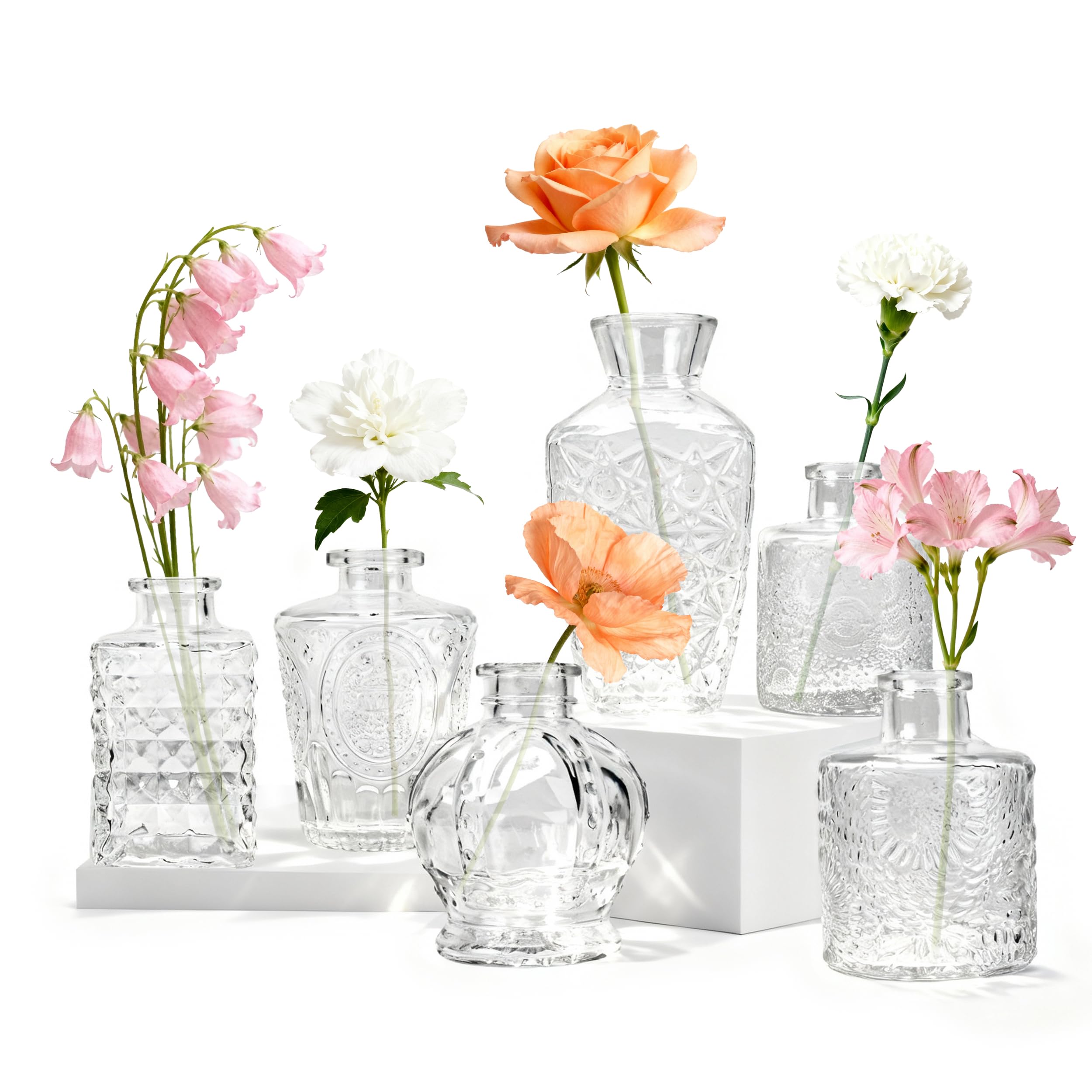 Der Rose 6 Pack Glass Bud Vase Set, Small Clear Flower Vase for Centerpieces in Bulk, Mini Vases for Home,Table Decoration and Wedding Decor