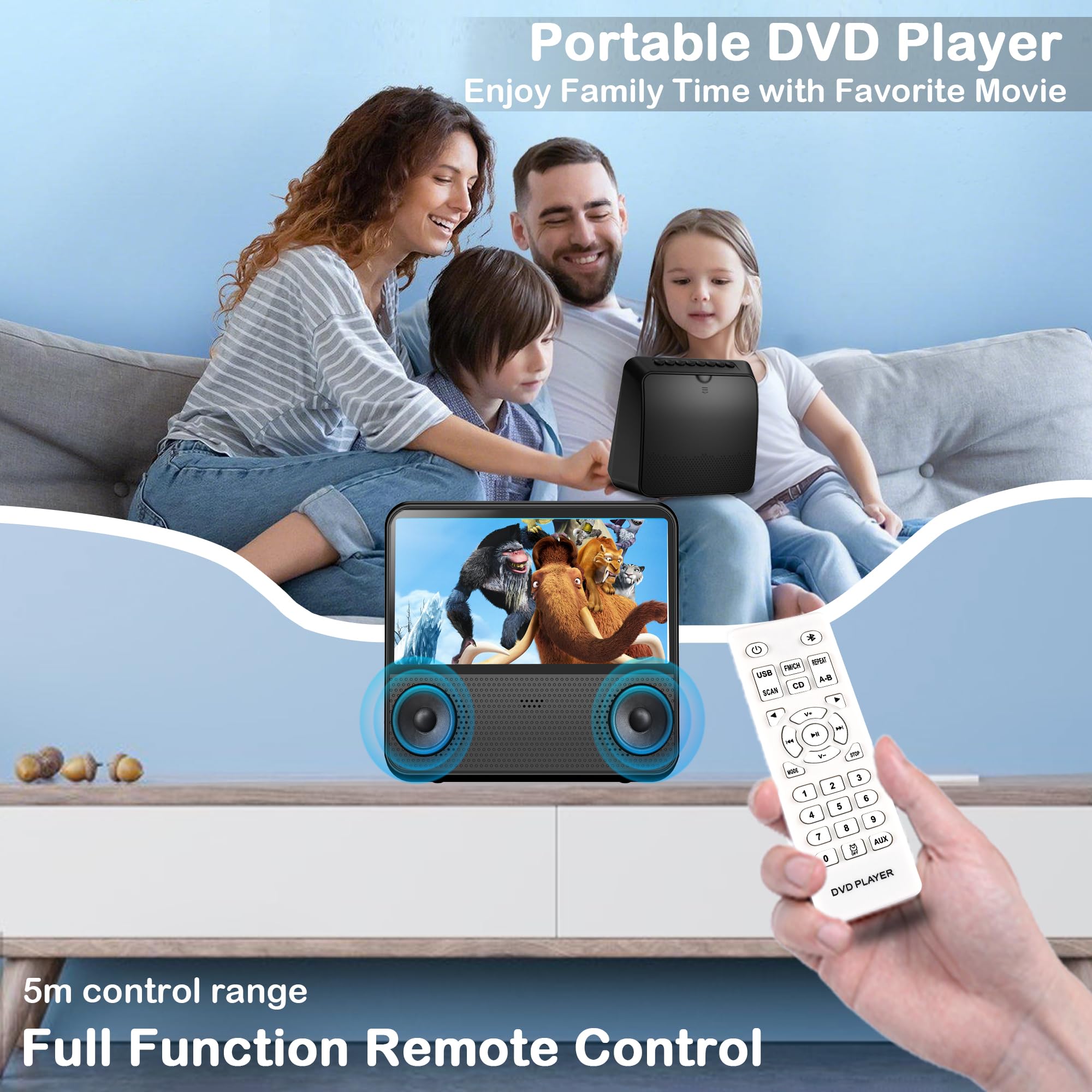 Lecteur DVD Portable Rechargeable 4000mAh, écran HD 9,8", Toutes Zones Libres, Compatible DVD/CD/Bluetooth/AUX/RCA/USB