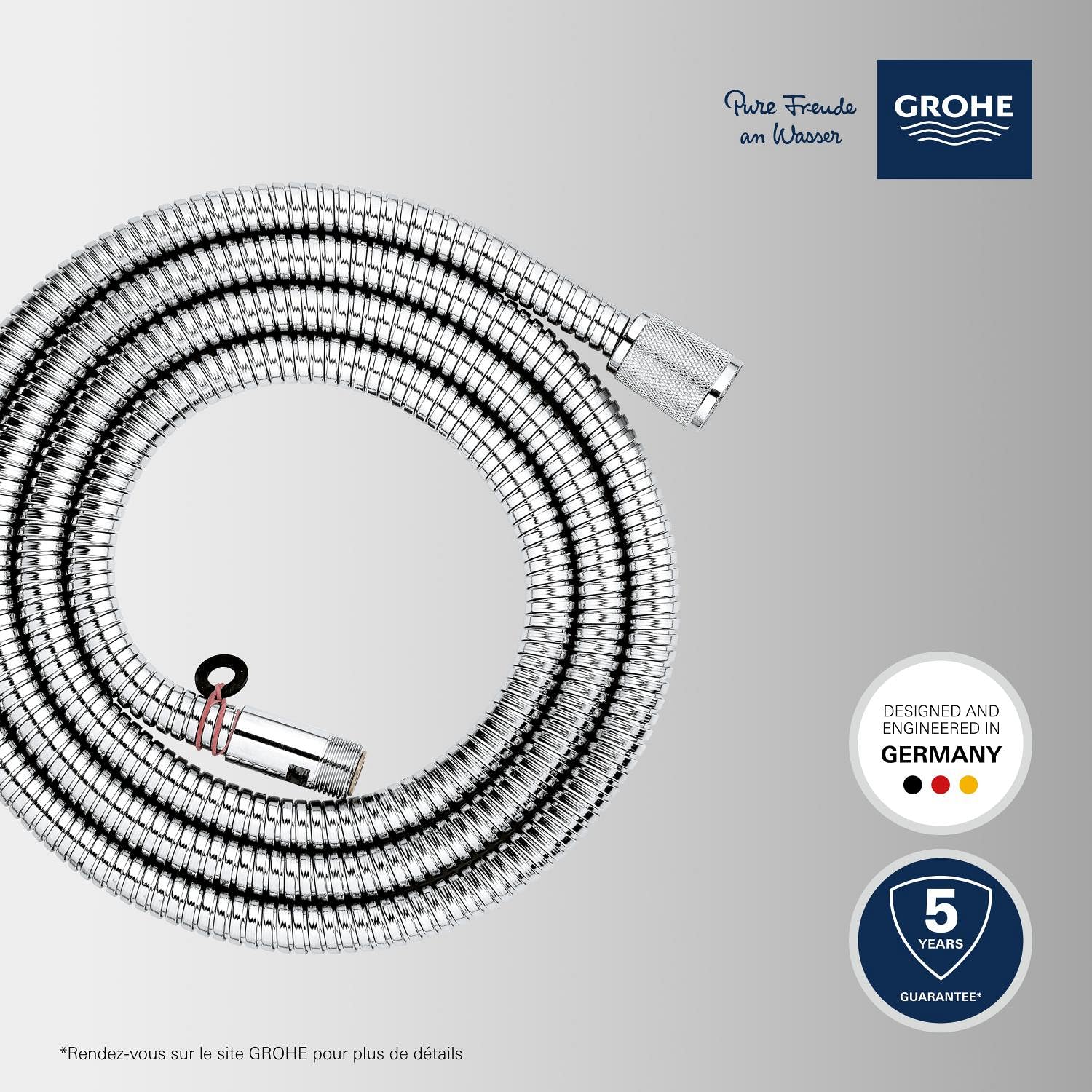 GROHE Flexible tuyau de douch salle de bains VitalioFlex métallique, tuyau de douche 2000mm, anti-pliures, finition brillante, raccord fileté universel 1/2", chromé, 22116000 (Import Allemagne)