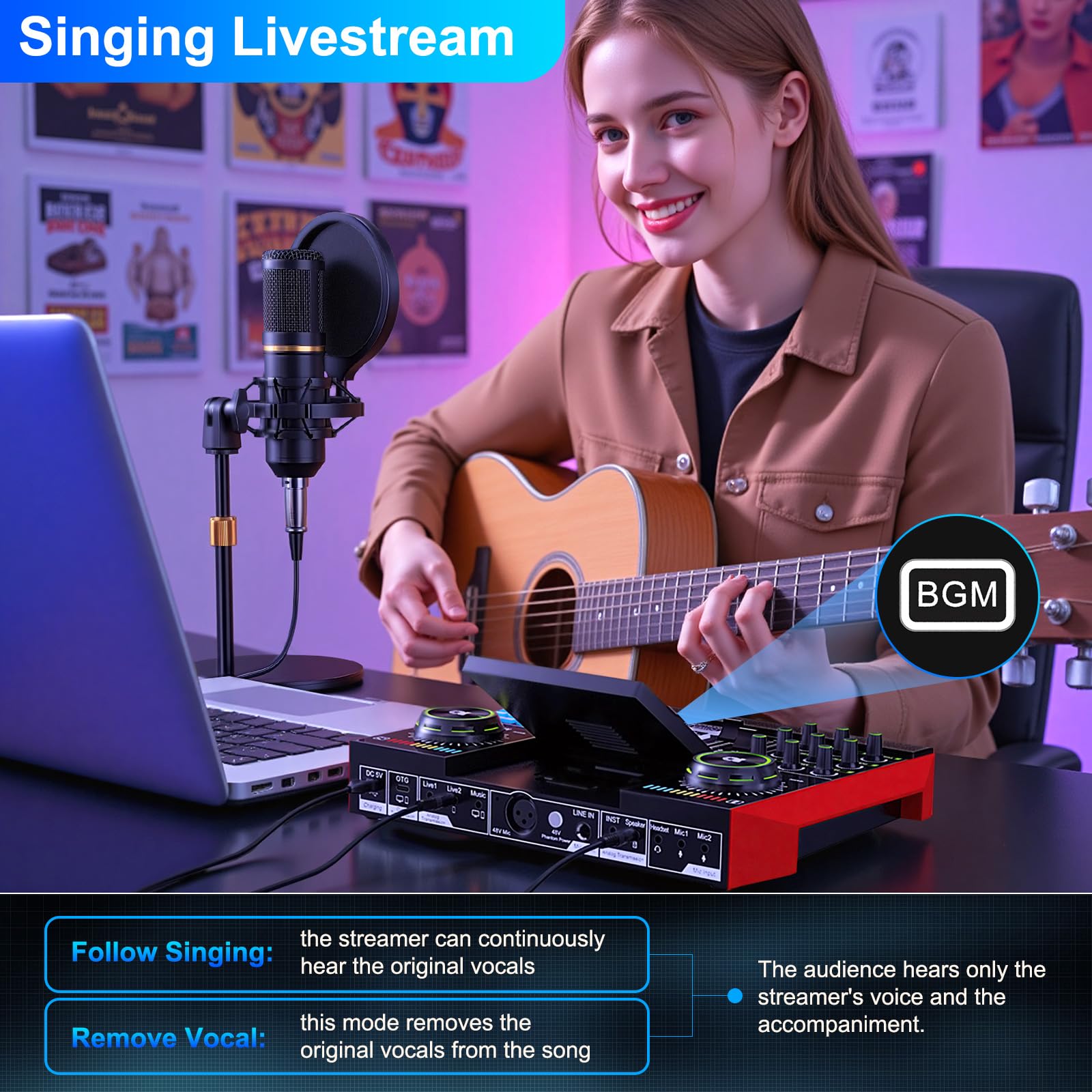 Podcast Microphone Bundle with Live Sound Card Audio Mixer, Podcast Equipment Bundle with 3.5mm BM800 Microphone for Pc/Youtube Live Streaming Singing Gaming, Sound Board with Voice Changer, Denoise