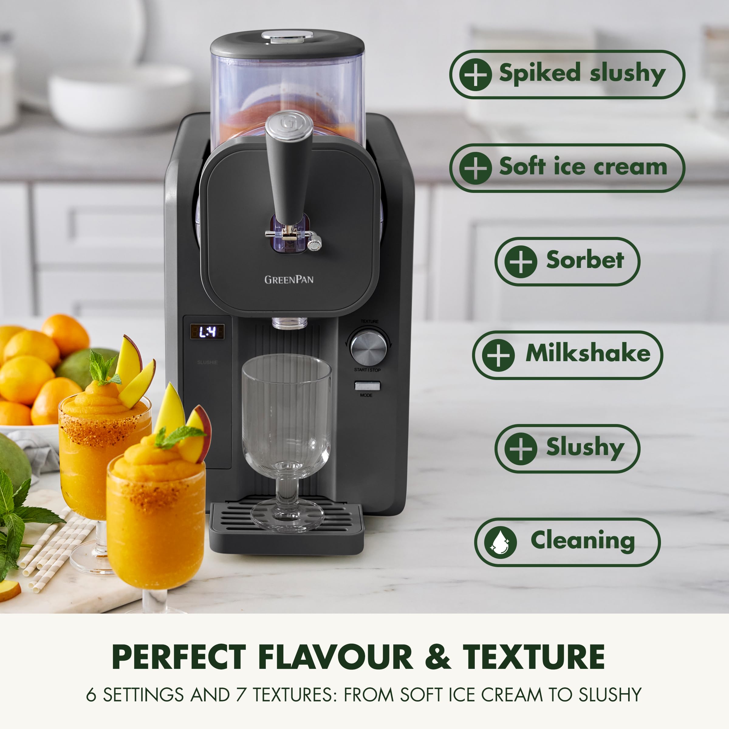 GreenPan Frost Gelatiera e Macchina Slushy, Gelato Soft Sorbetti Milkshake Frozen Yogurt, Senza Precongelamento, Pronta in 15 Min, 15-in-1, 6 Modalità, 7 Texture, Autopulente, Bianco