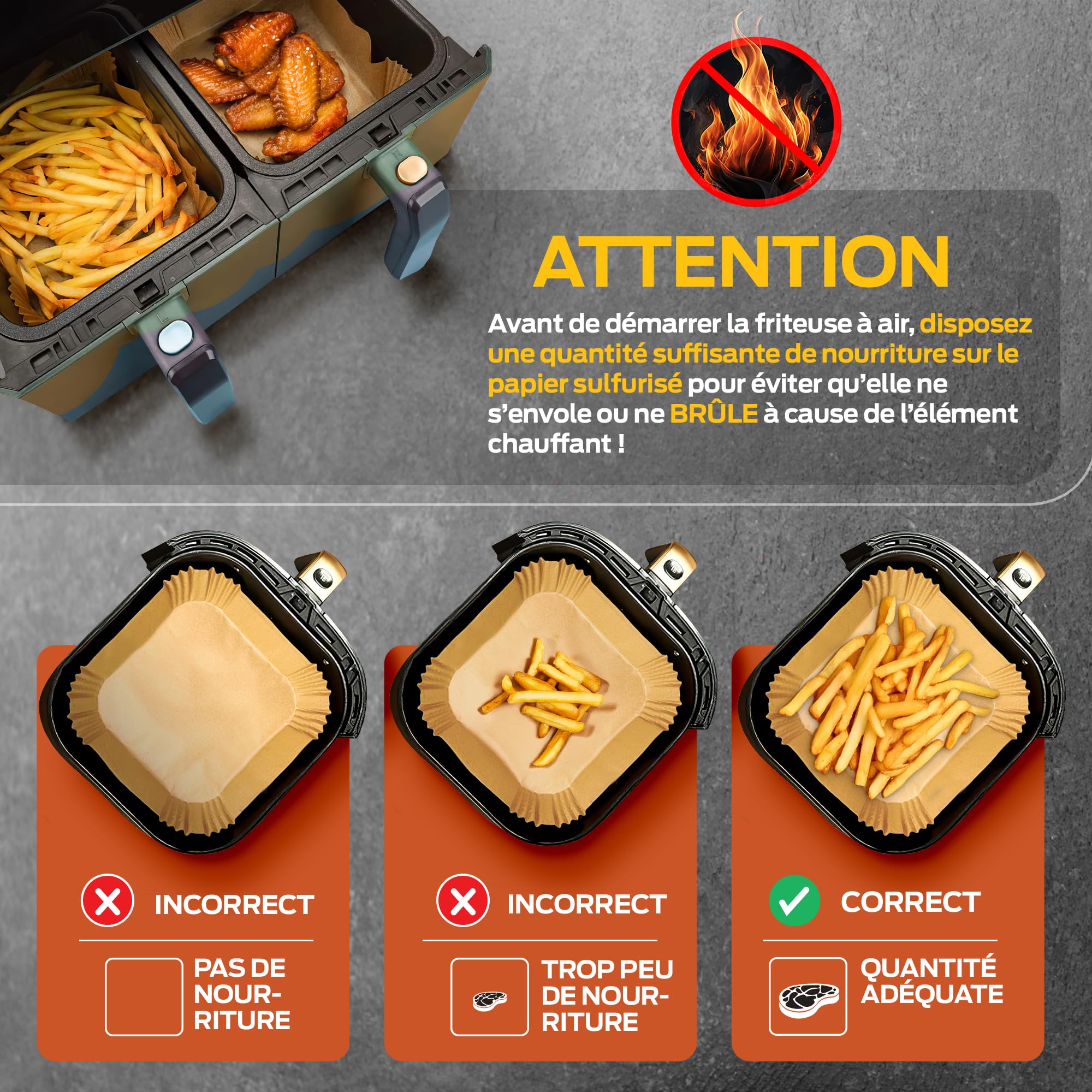 PORTENTUM Papier cuisson air fryer - 100 pièces Food-Grade sans BPA, 20×24 cm, adapté friteuses 5–8 L, solution idéale pour préparation saine