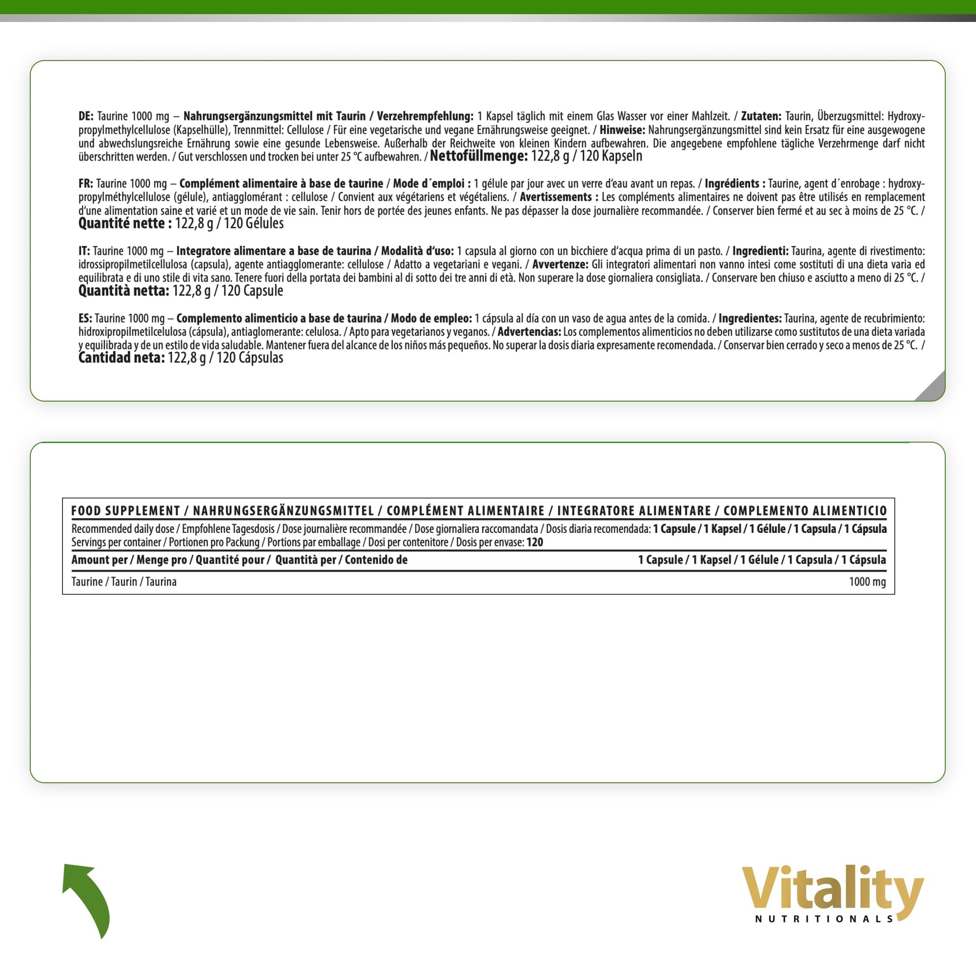 Taurin Kapseln 1000 mg. 4 Monate 1 Kapsel Pro Tag. Taurin Kapseln Hochdosiert. Pre Workout Ohne Koffein, Aminosäuren, Frei von Laktose, Gluten und Hefe, Vegan. Vitality Nutritionals by VitaminExpress
