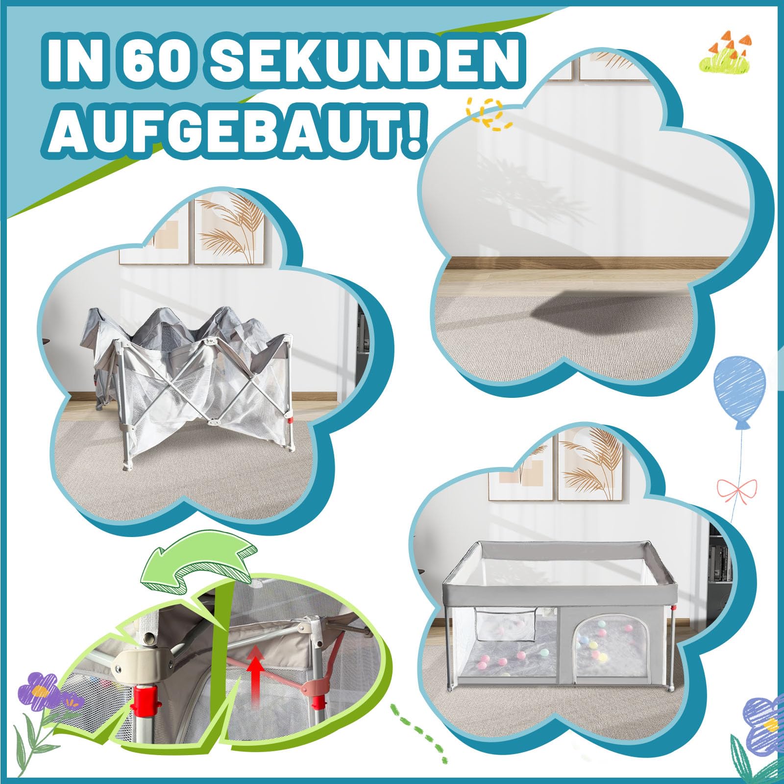 Parc pour bébé pliable avec tapis, 127 x 127 cm | Pare-bébé avec filet respirant et sac de transport, clôture pour enfants pour l'intérieur et l'extérieur