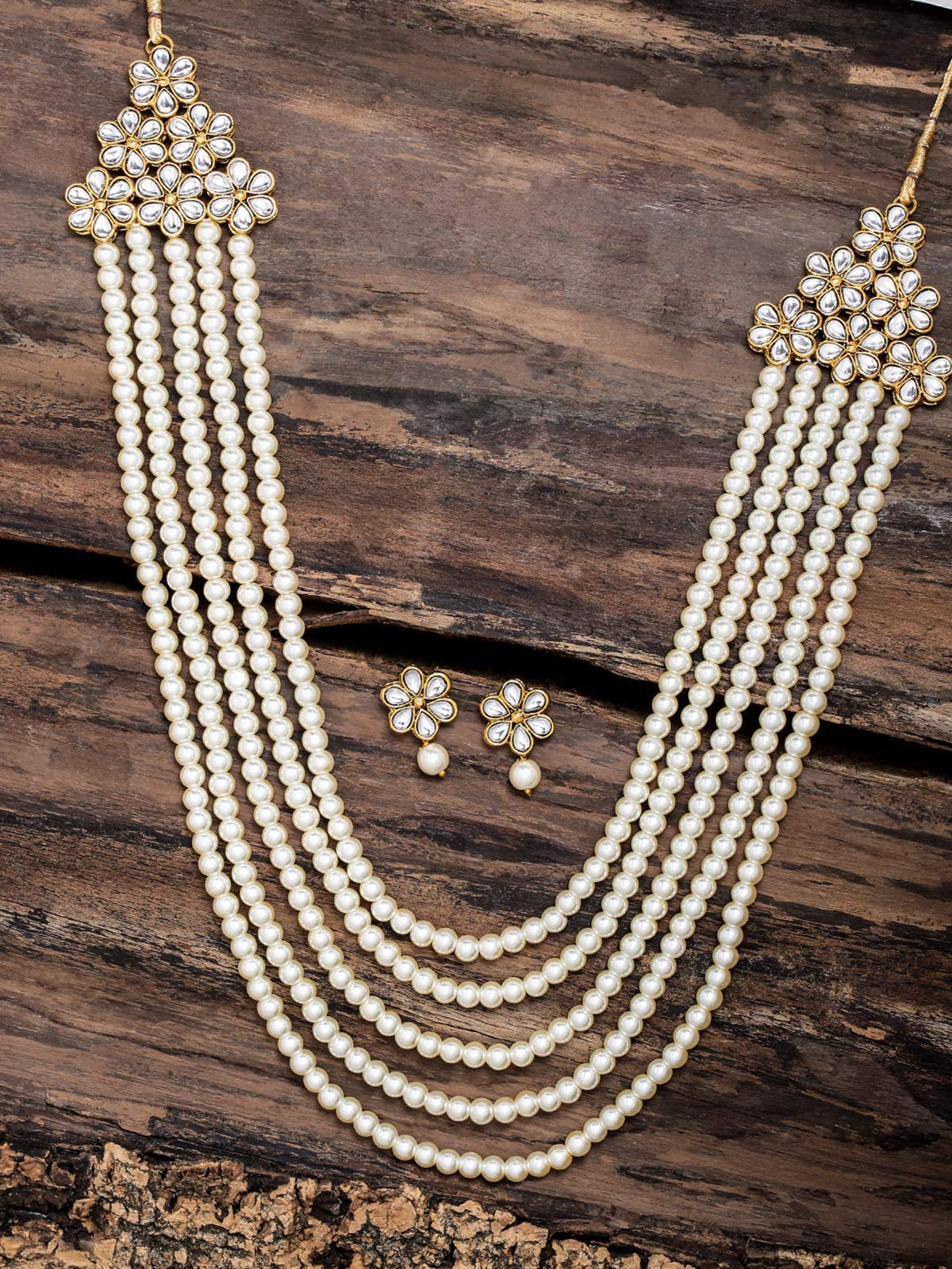 Women's Pearl Layered Long Traditional Kundan Necklace Set
