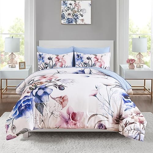 Miniatura 18 de Luxudecor Juego de edredón floral tamaño King de 7 piezas, cama de flores verdes en una bolsa, elegante edredón floral con juego de sábanas, juego