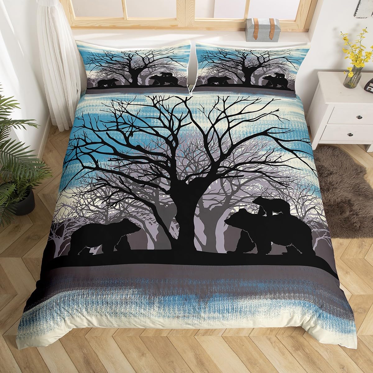 Bear Duvet Cover Boys Wild Animal Bedding Set for Kids Teens Nature Wildlife Bear Comforter Cover Set Botanical Tree Farmhouse Black Light Blue Bedspread Cover Room Decor Quilt Cover 3Pcs King Size