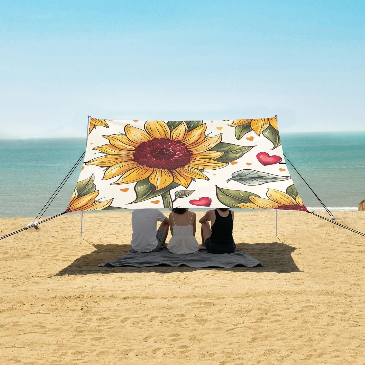 ALAZA Sunflower Heart Vintage Beach Tent Sun Shelter UPF50+ Protection Beach Shade Canopy w/ 4 Sandbags for Outdoor Camping, Fishing, Backyard Fun, Picnic, 10x9 ft