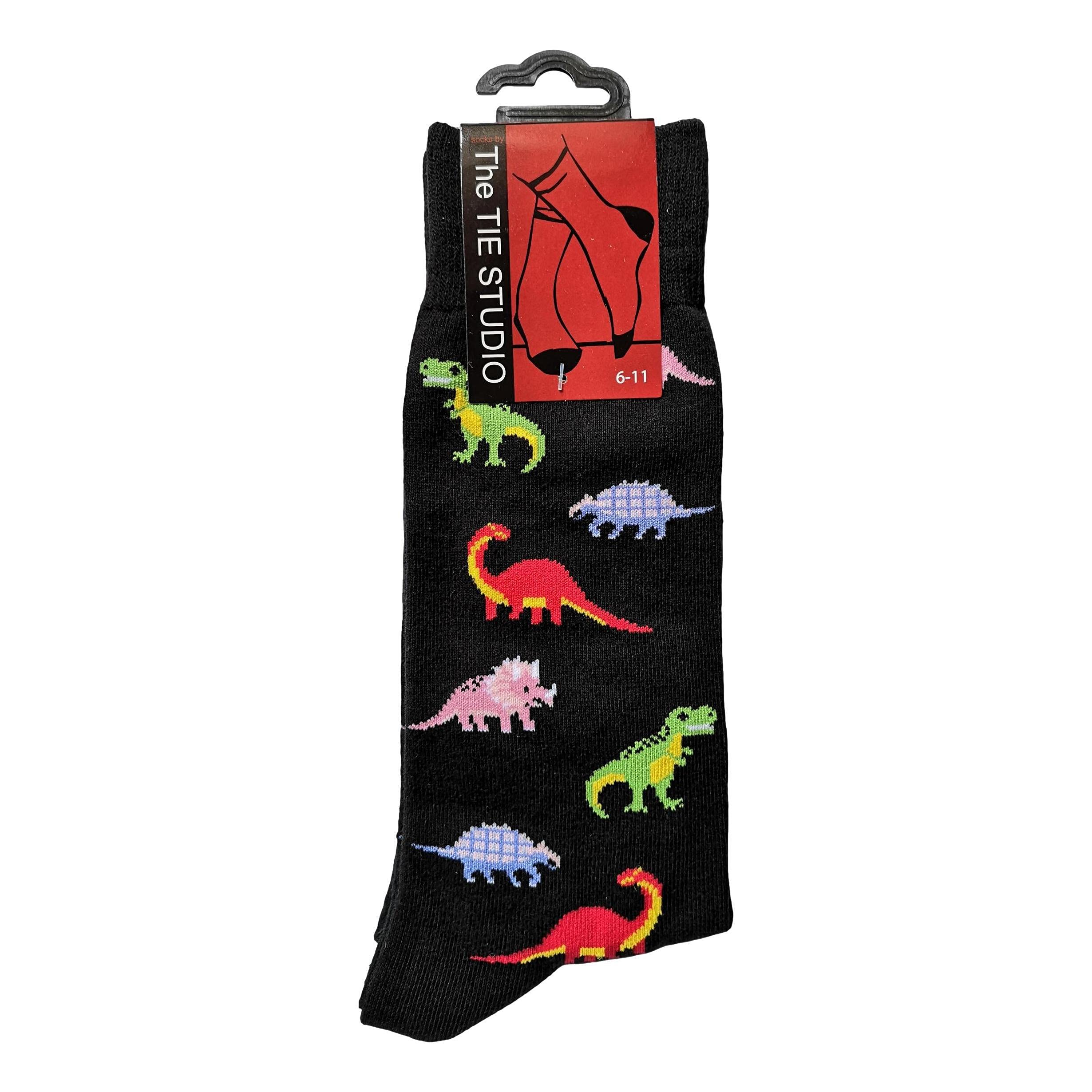 Tie Studio Dinosaurs on Black Unisex Novelty Ankle Socks Adult Size 6-11