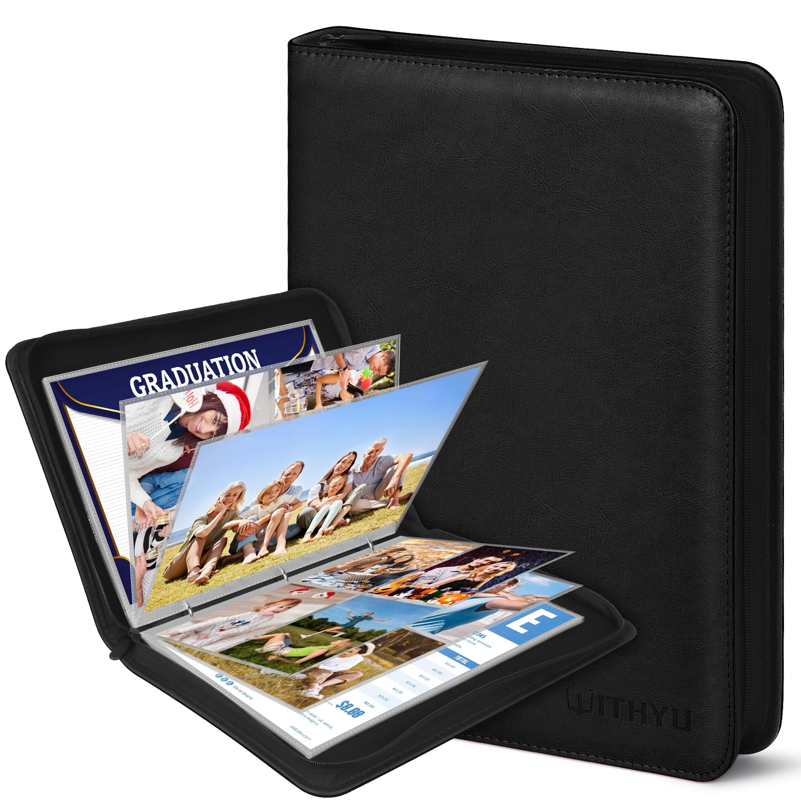 Álbum de Fotos A4 de Cuero PU con Fundas Transparentes Extraíbles - 30 Páginas (Tres Tipos de Bolsillos, Doble Cara) + Cremallera Impermeable - Para Fotos, Recuerdos de Bebé y Documentos (Negro)