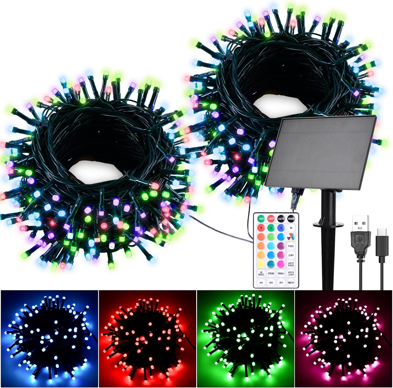 80Ft Solar String Lights for Outside, 18 Colors Changing 200 LED Solar Powered & USB Christmas Lights with Remote, RGB Waterproof Outdoor Fairy Light for Patio Yard Tree Garden Party Decor