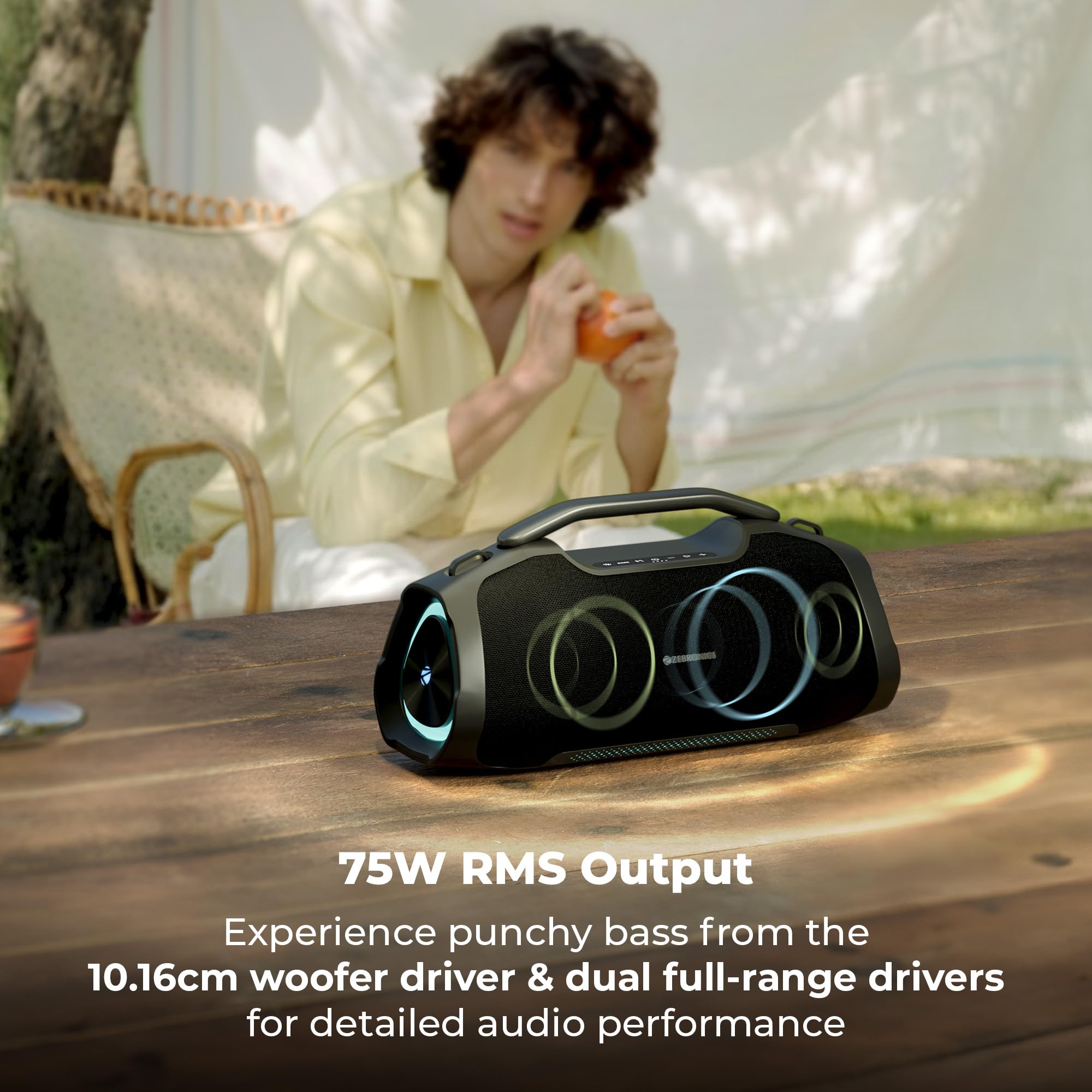 Zebronics 2026 Launch 75W Bluetooth Speaker, Upto 5Hrs Playback, Dual 78mm Drivers, 101mm Subwoofer, Dual Passive Radiators, RGB Modes, 6.3mm Mic Input, TWS, BT v5.3, Type-C (Sound Feast 550) — Amazon image 2