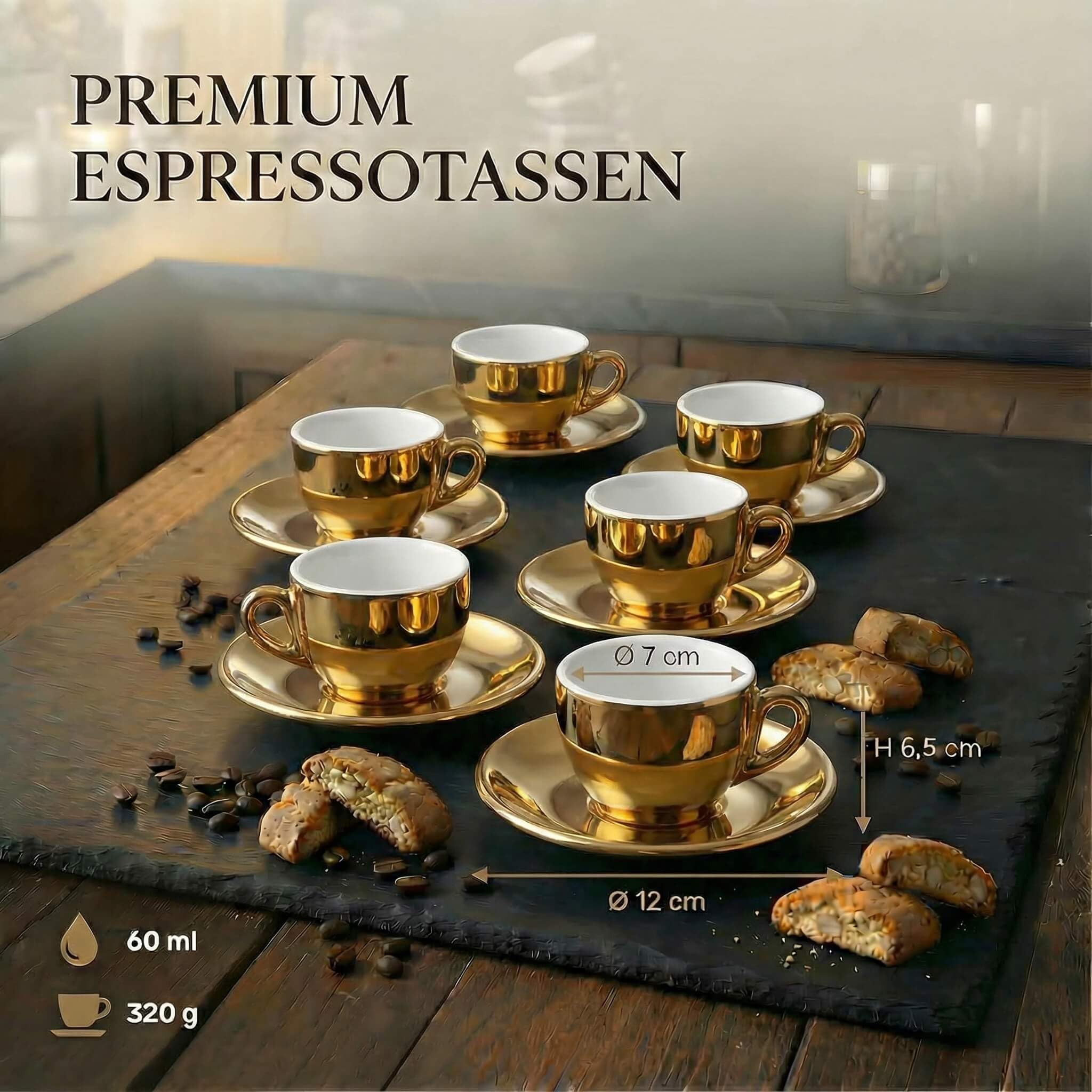 6 x filiżanki do espresso 60 ml | złoty - chrom | styl włoski | grube ścianki i ciężkie | zestaw 6 filiżanek do espresso ze spodkami - zestaw upominkowy