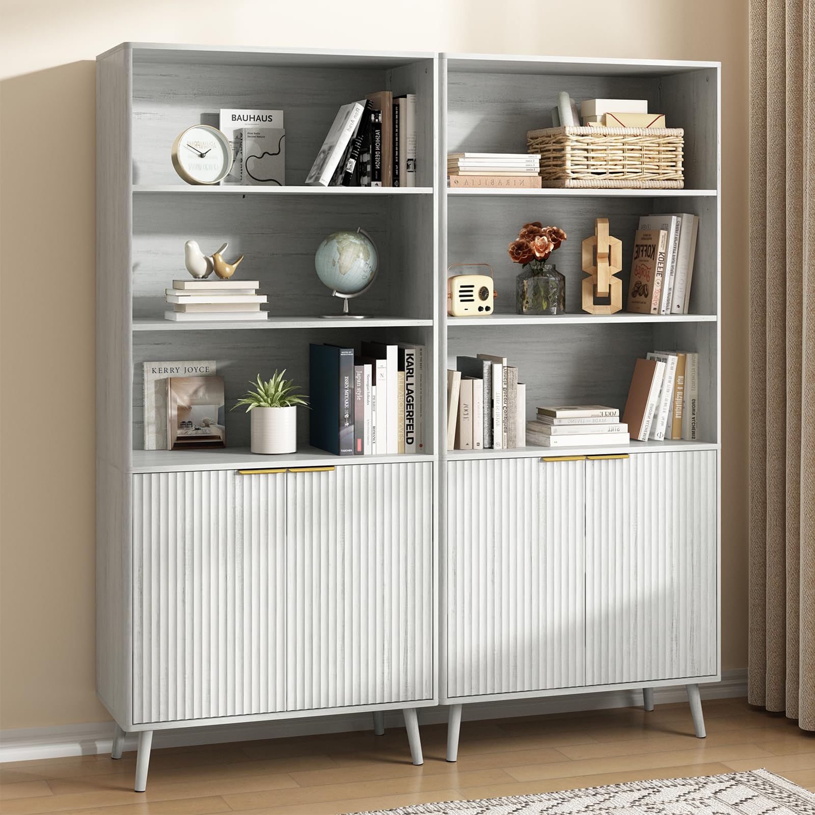 CARPETNAL White Bookcase with Fluted Doors, 70.9" Tall 5-Tier Bookshelf with Adjustable Shelves, Wooden Storage Cabinet for Living Room, Office(2PCS)