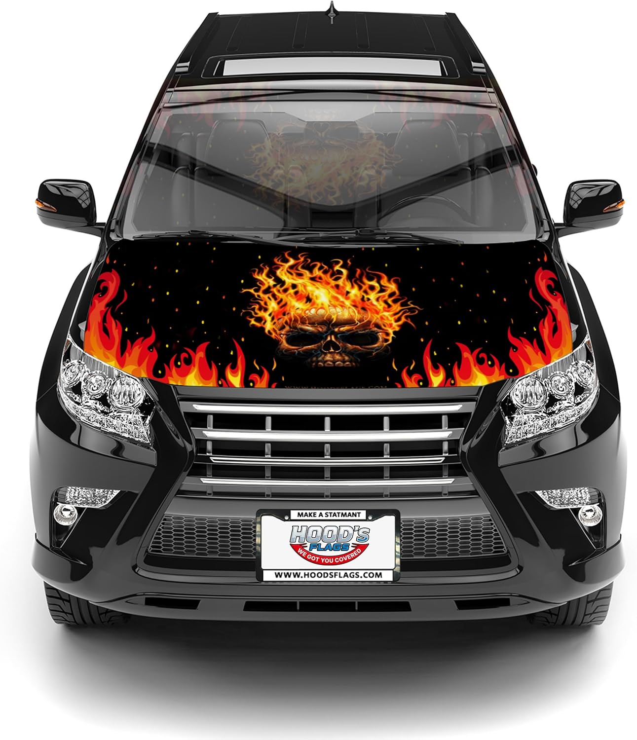 [Hood's Flags] Fire Skull Car Hood Cover 63"x47" (160x120cm) – Universal Fit for Cars, SUVs, or Pickup Trucks – Flaming Skull Design – Stretch Polyester Spandex – Weather-Resistant with Secure Fasteners