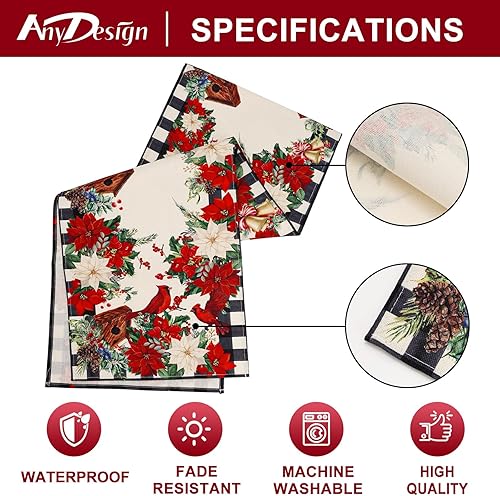 Miniatura 6 de AnyDesign Camino de mesa navideño a cuadros de Navidad cardenal de flor de pascua, cubierta de mesa de cocina, decoración de mesa de comedor para