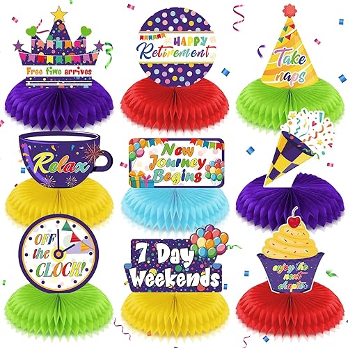 9 piezas de decoraciones de fiesta de jubilación, coloridos centros de mesa de jubilación para decoración de mesa, decoración de mesa de jubilación,