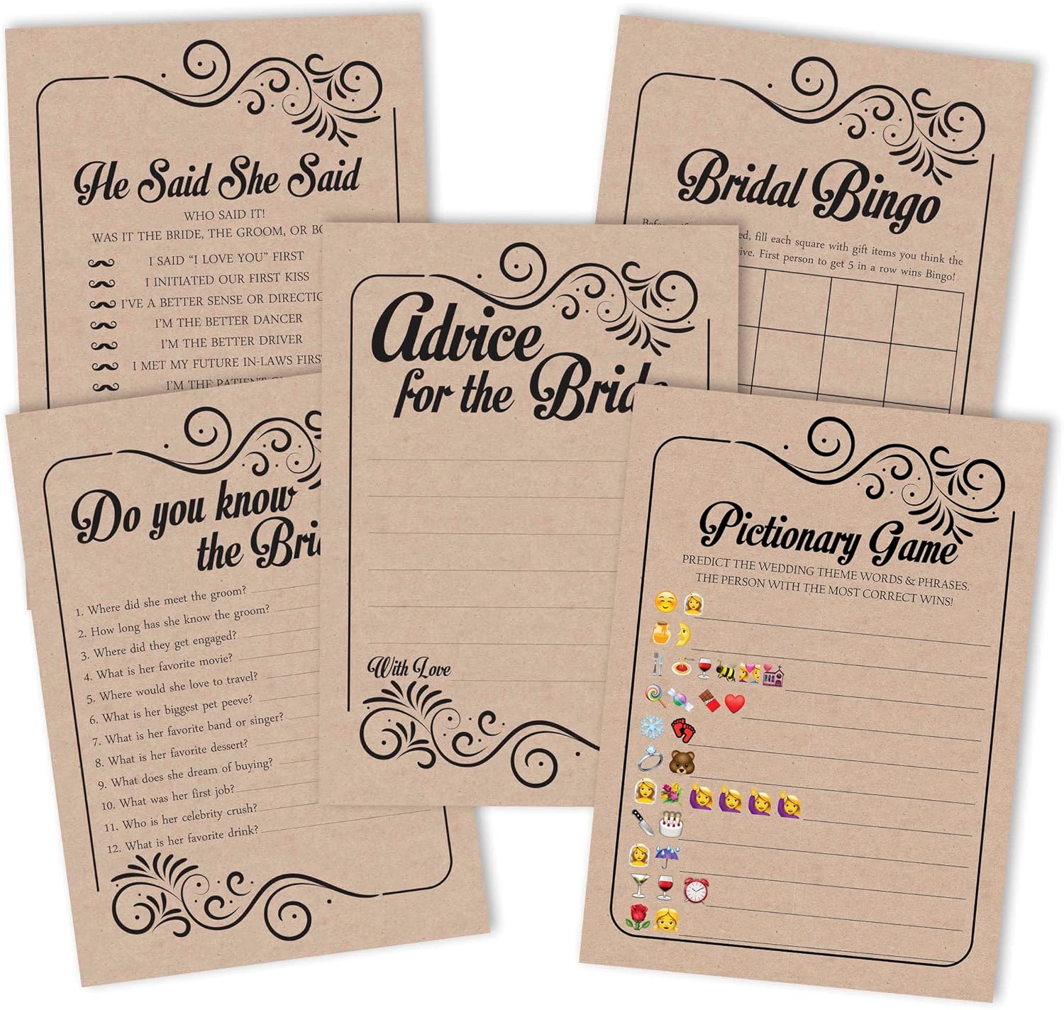 Fill in Style Kraft Theme Bachelorette Party Games Set of 5 (Activities for 50 Guests) Fun Bridal Shower Games Set Bundle