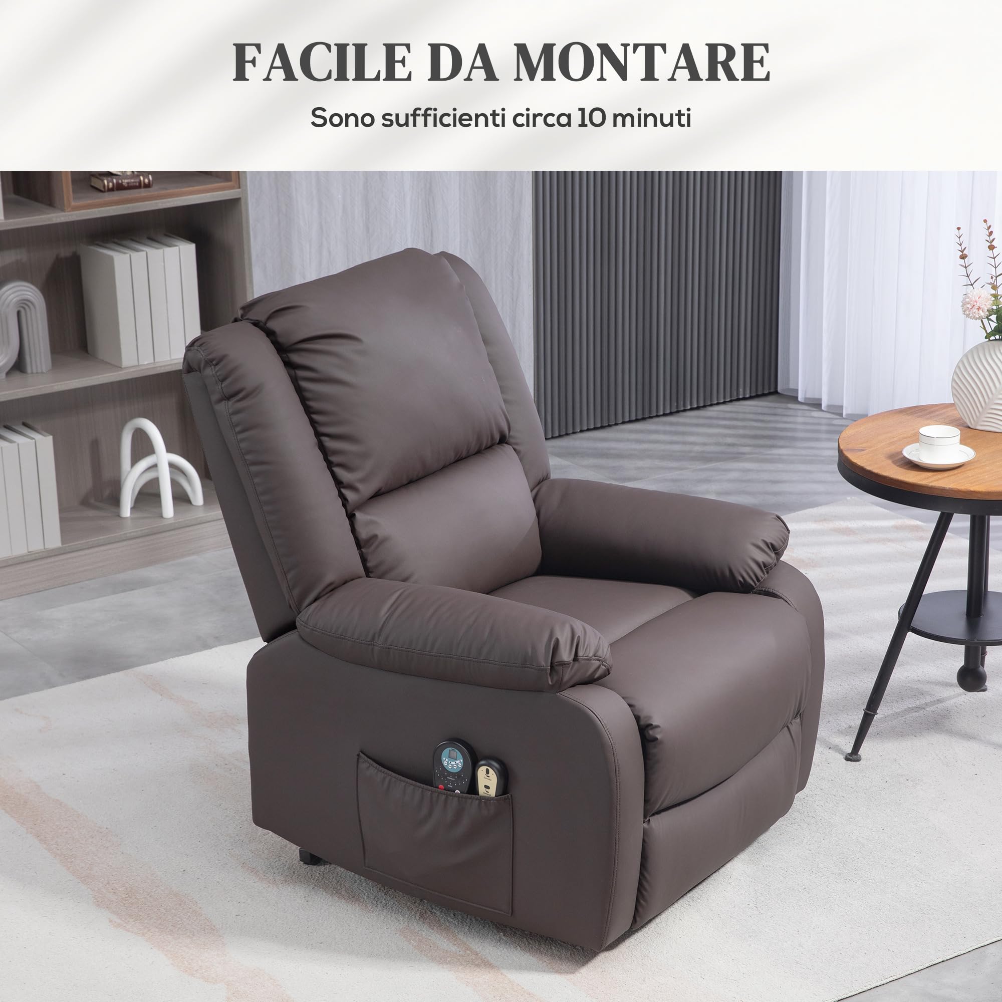 HOMCOM Poltrona Elettrica Alzapersona Reclinabile in Tessuto Antigraffio, Poltrona Relax Elettrica con 8 Punti Massaggianti, Riscaldamento, Poggiapiedi e 2 Telecomandi, Marrone