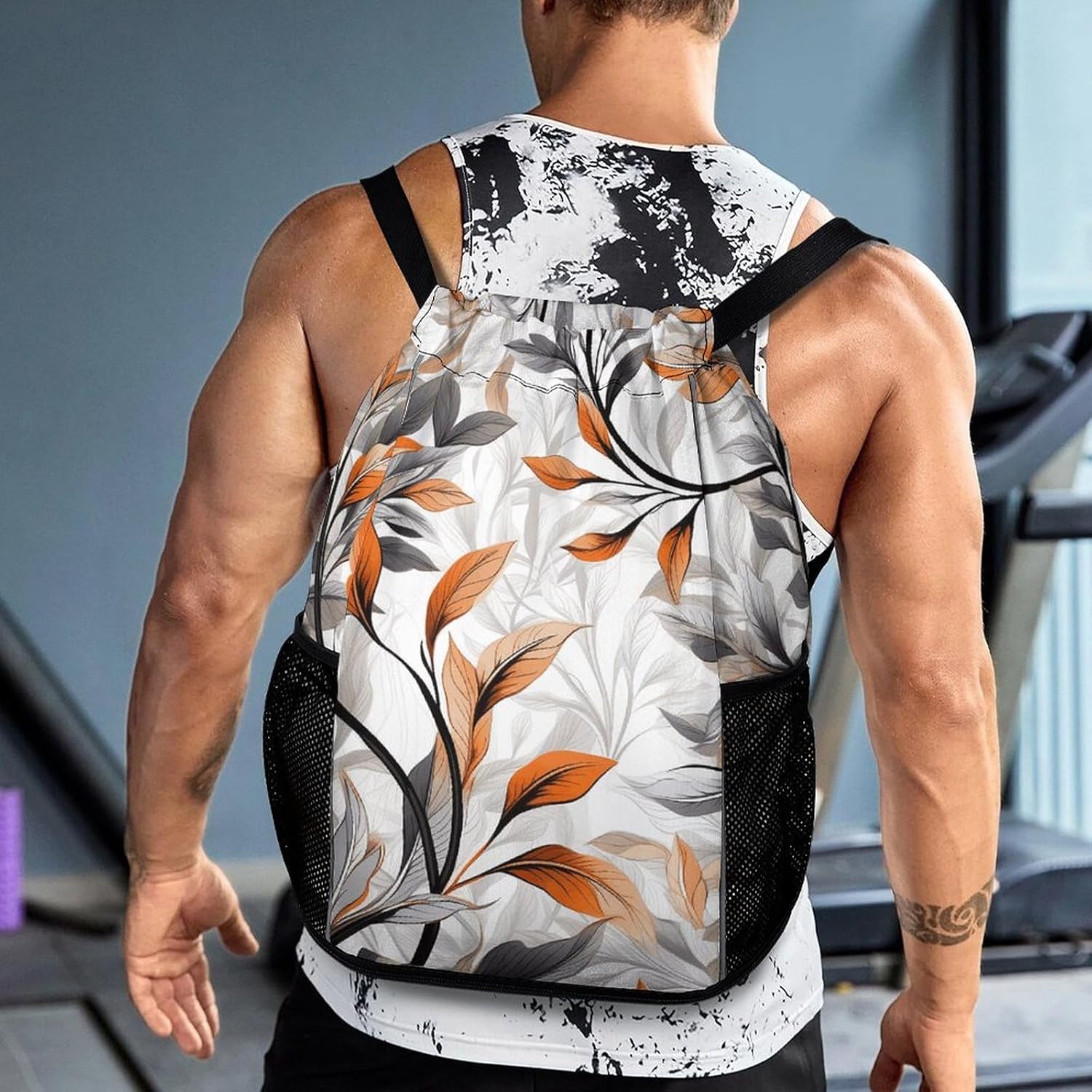 Small Gym Bag Orange And Gray Leaves Printed Drawstring Gym Bag for Men Lightweight Waterproof Drawstring Backpack for Women with Shoe Compartment for Travel Tourism Work And Fitness