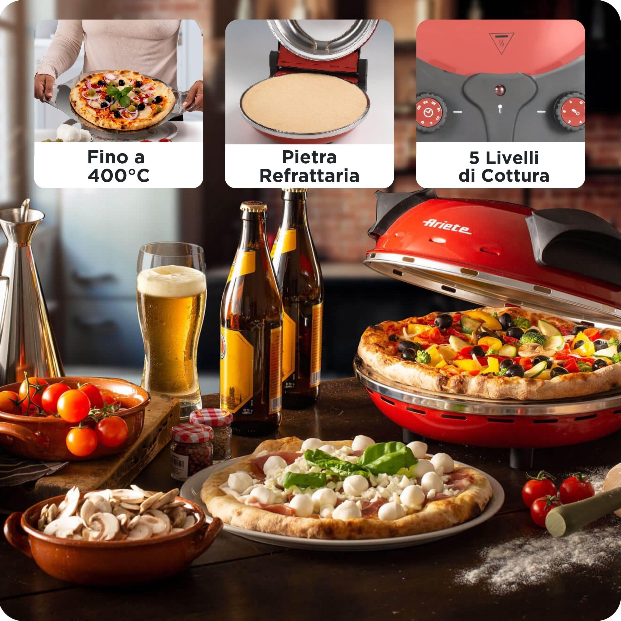 Ariete Forno Pizza 909, Pizza 4' Minuti, Forno per Pizza con 5 Livelli di Cottura, Piastra Refrattaria per Riscaldare, Pale in Legno Incluse, Temperatura Max 400°C, 1200W, Rosso