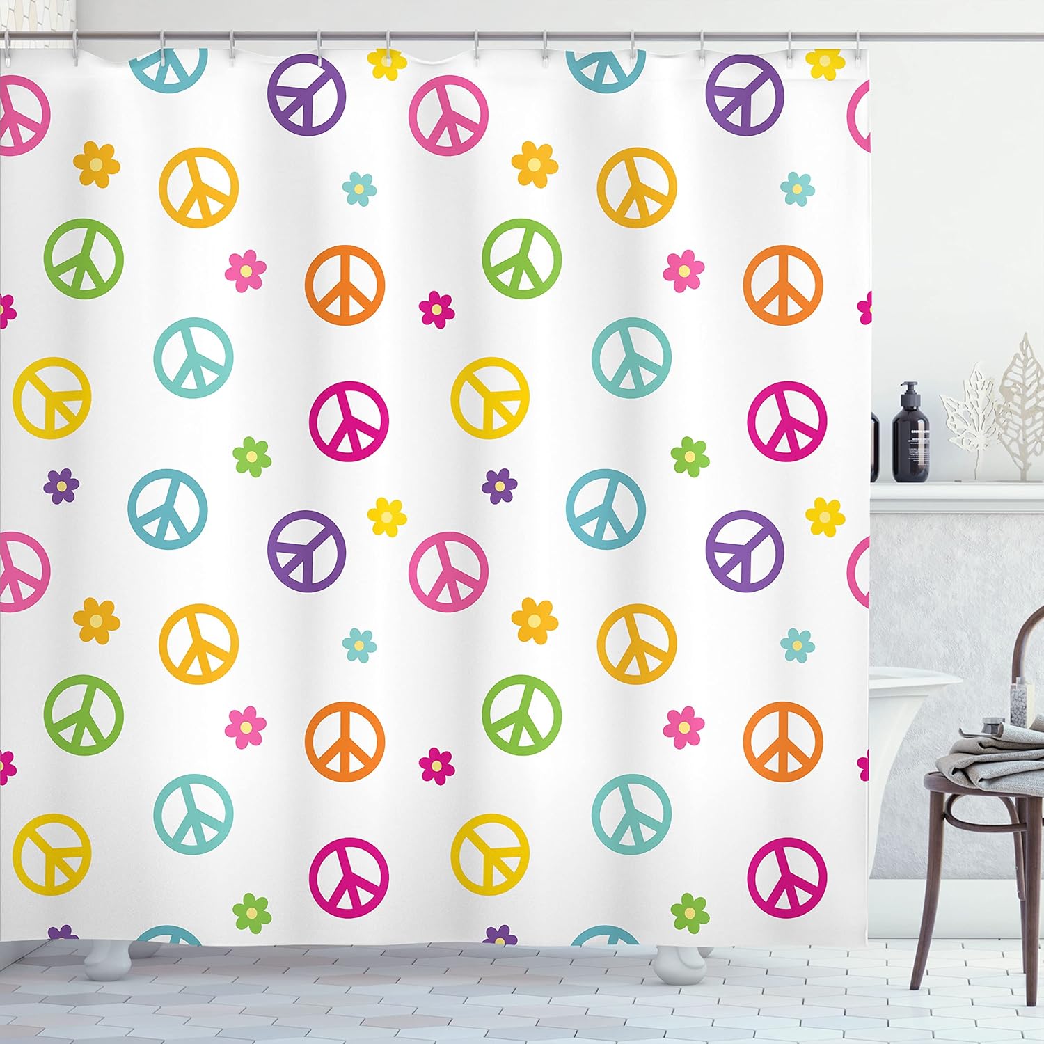 Ambesonne Groovy Shower Curtain, Peace Lifestyle Sign Slogan Celebration Merry Jolly Happy Theme Design, Cloth Fabric Bathroom Decor Set with Hooks, 69" W x 70" L, White Purple Orange
