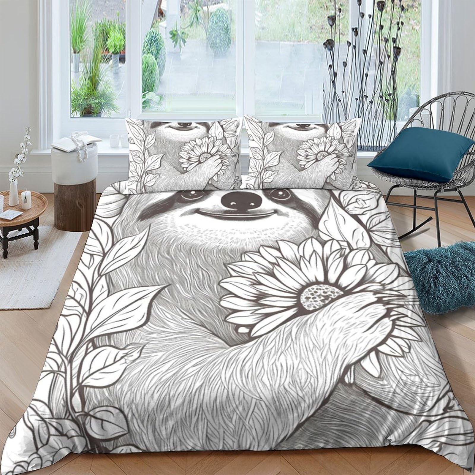 Ctjqhvkz Style-5 3D Printed Sloth Floral Fitted Sheet Microfiber Soft Grey Animal Mattress Cover For Bedroom Guest Room Dorm Decor Single（135X200cm）