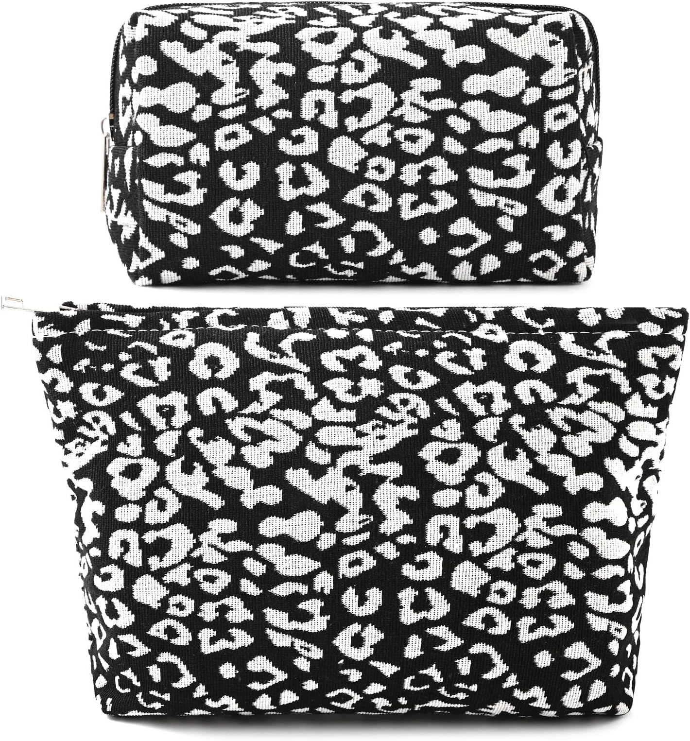 2 Pieces Leopard Print Makeup Bag Large Cosmetic Bag Capacity Canvas Mix Travel Toiletry Bag Organizer Cute Makeup Brushes Aesthetic Accessories Storage Bag for Women, Leopard Print Mix Black