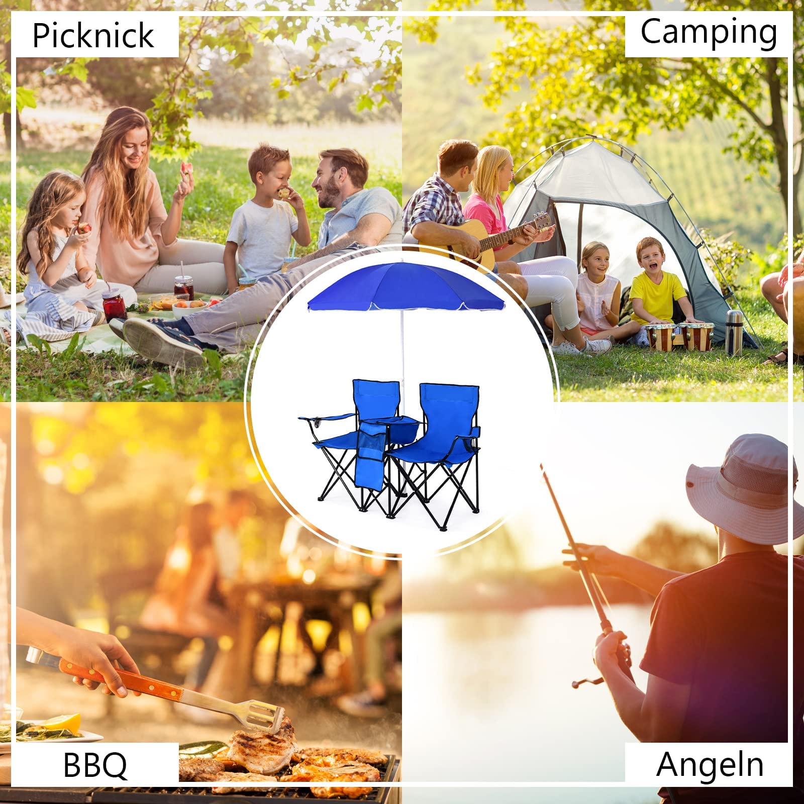 GYMAX Sedia da Campeggio Pieghevole per 2 Persone con Ombrellone, Poltrona da Campeggio con Tasche, Portabicchieri e Borsa da Trasporto, Ideale per Spiaggia, Pesca, Barbecue, Picnic (Blu)