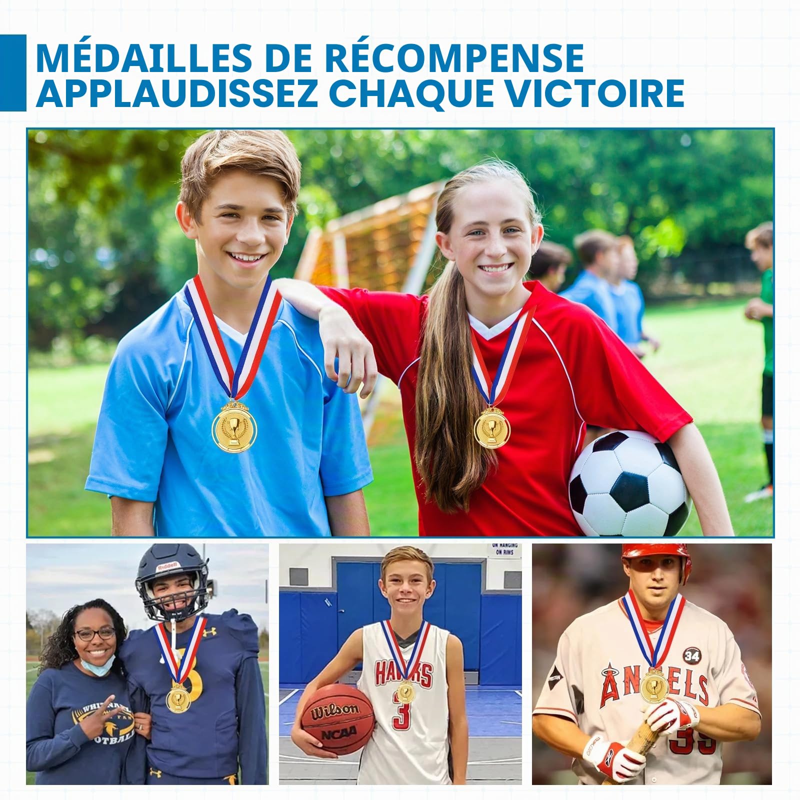 6 pièces de médailles d'or pour récompenses, médailles de récompense en métal pour enfants avec rubans de cou, médailles de vainqueur de trophées de style olympique, médailles d'or pour les prix de