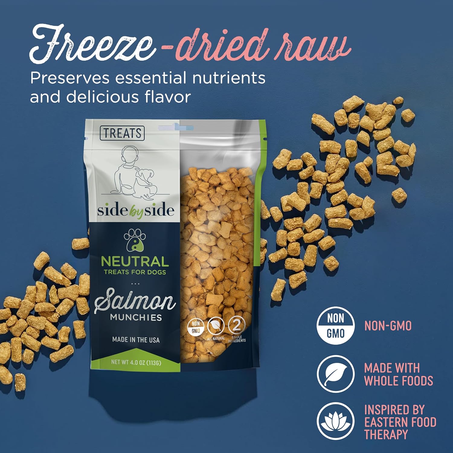 Side by Side Salmon Munchies - Neutral Freeze-Dried Training Treats - Ideal Dog Training Treats, Snack or Reward - Single Whole Raw Ingredient, Free of Artificial Additives - USA Made (4oz, Pack of 2)