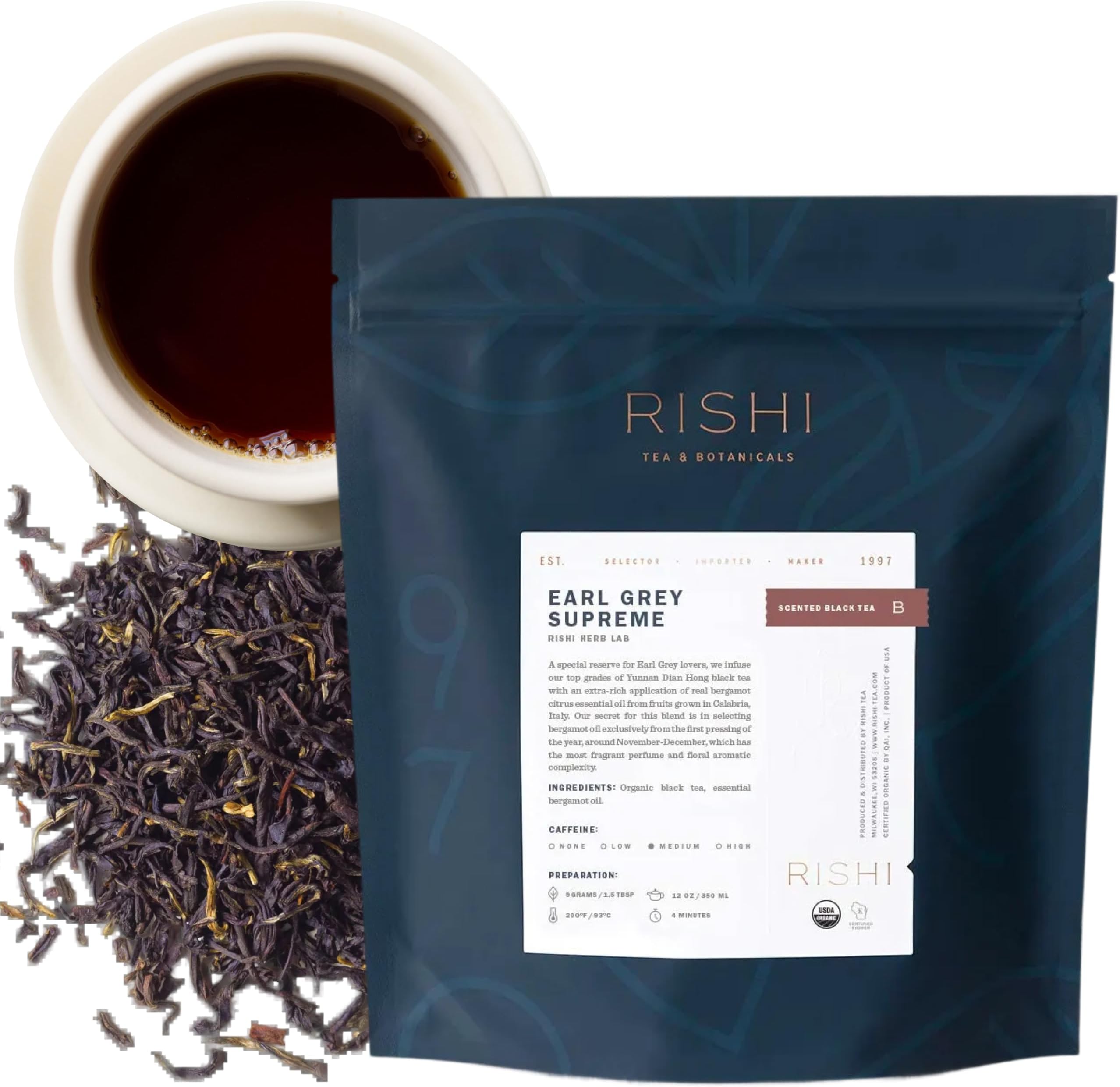 Rishi Tea Earl Grey Supreme Tea - Organic, Caffeinated Loose Leaf Tea with Bergamot Oil and Top Grade Yunnan Black Tea - 16 Ounces, 50+ Servings
