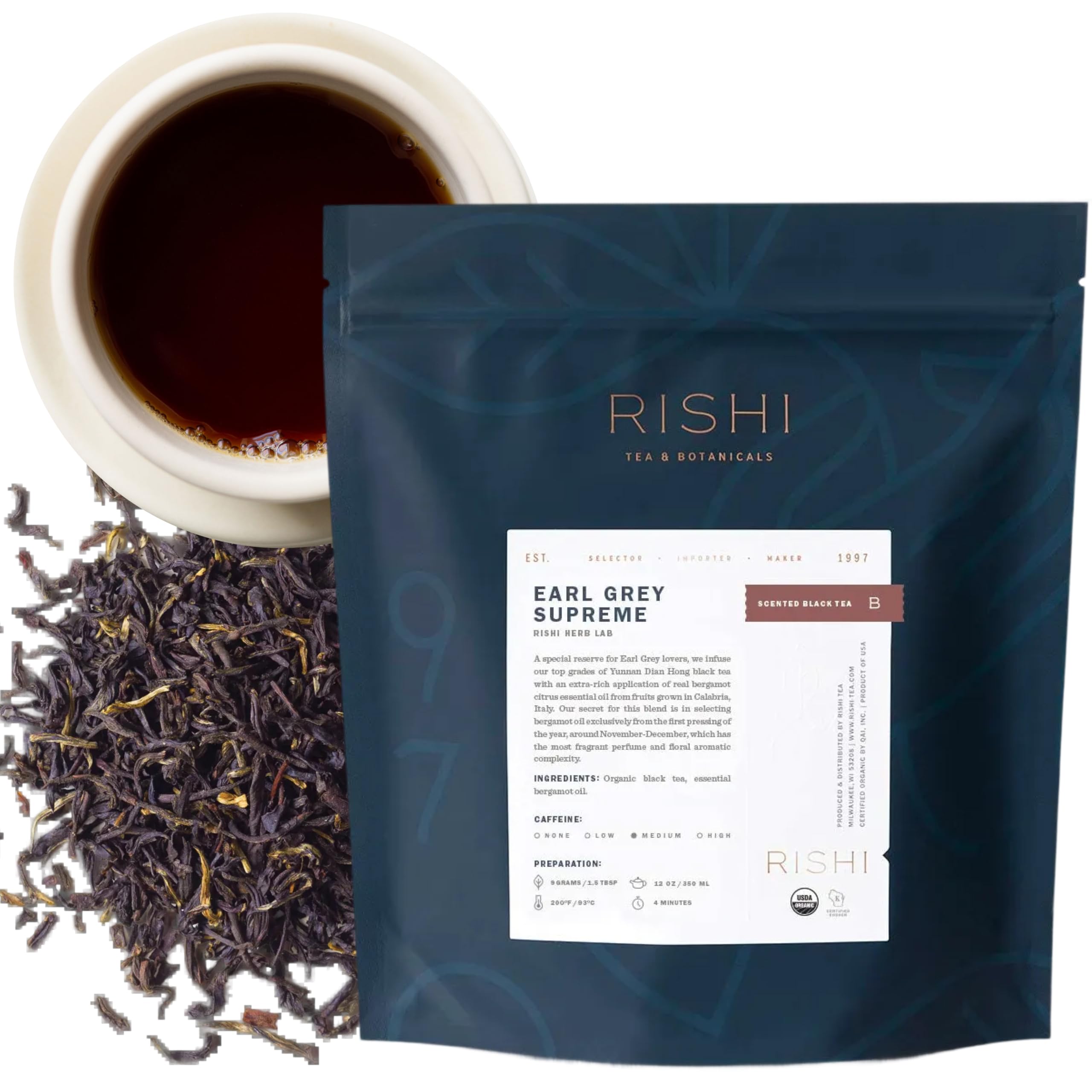 Rishi Tea Earl Grey Supreme Tea - Organic, Caffeinated Loose Leaf Tea with Bergamot Oil and Top Grade Yunnan Black Tea - 16 Ounces, 50+ Servings