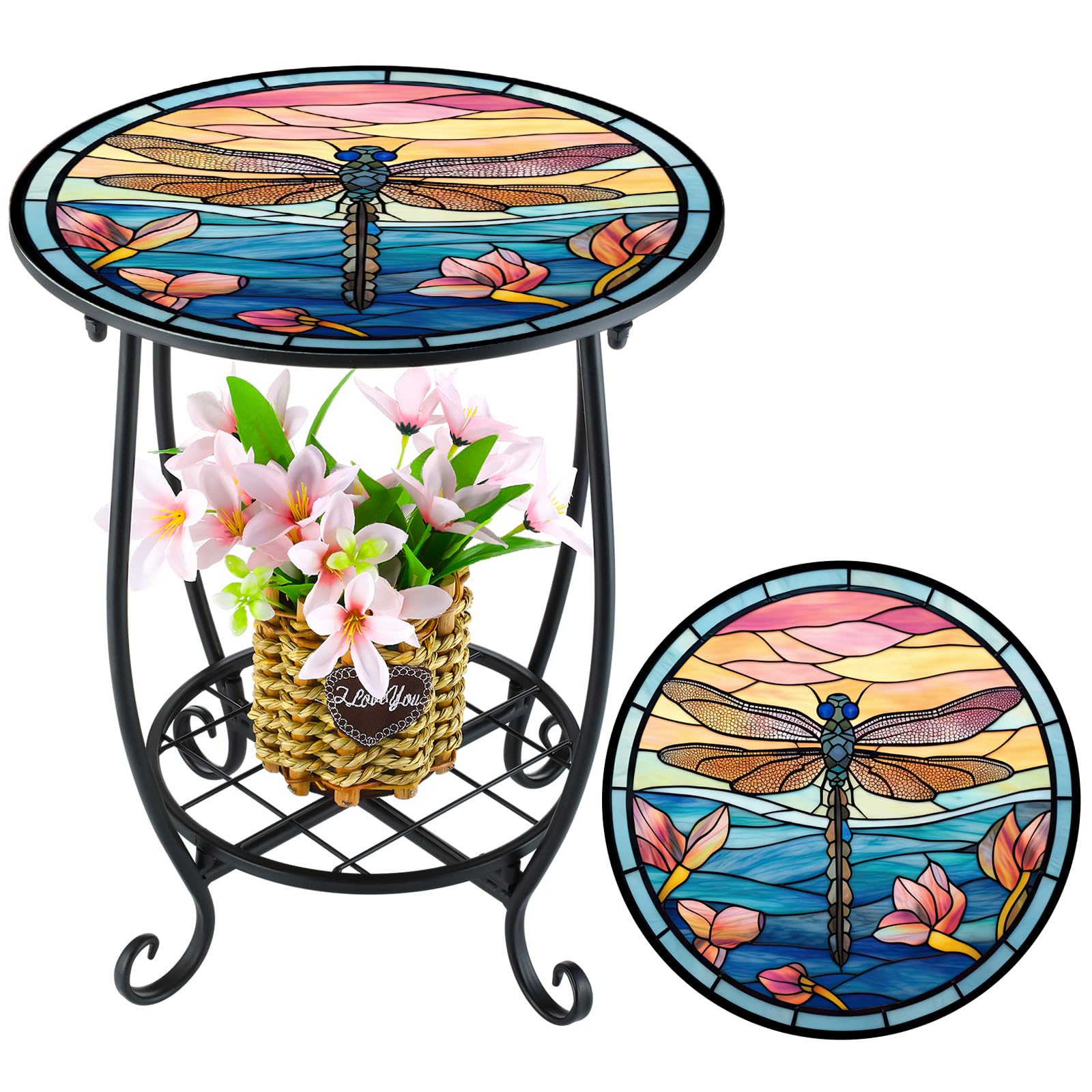 Cinnvoice Outdoor Side Table Round Small Mosaic Patio Accent Indoor End Plant Coffee Tea Table for Yard Patio Porch Garden Living Room, Bedroom(Dragonfly Style,12 Inch)