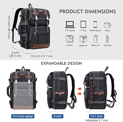 Miniatura 3 de Mochila de lona WITZMAN con puerto de carga USB, mochila grande de viaje, equipaje de mano, apta para laptops de 17 pulgadas, para hombres, Negro,