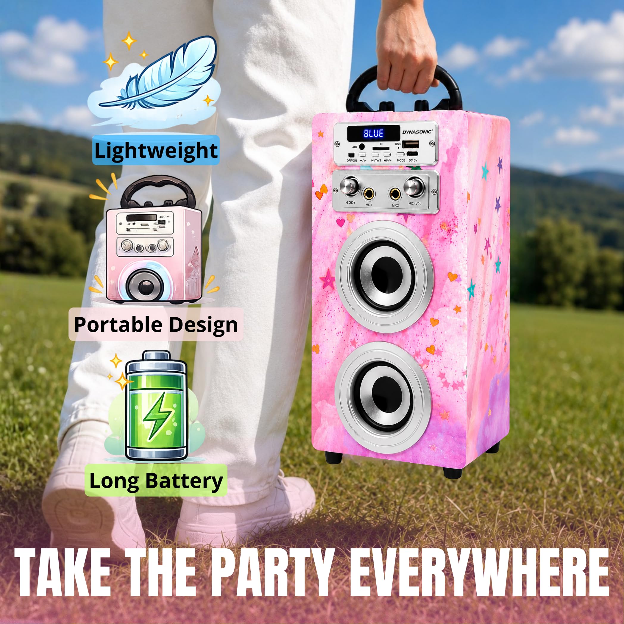 Dynasonic Machine Karaoké Portable Bluetooth avec 2 Microphones, USB/SD/AUX, Lumières LED, Batterie Rechargeable – Cadeau Enfants Anniversaire et Fête