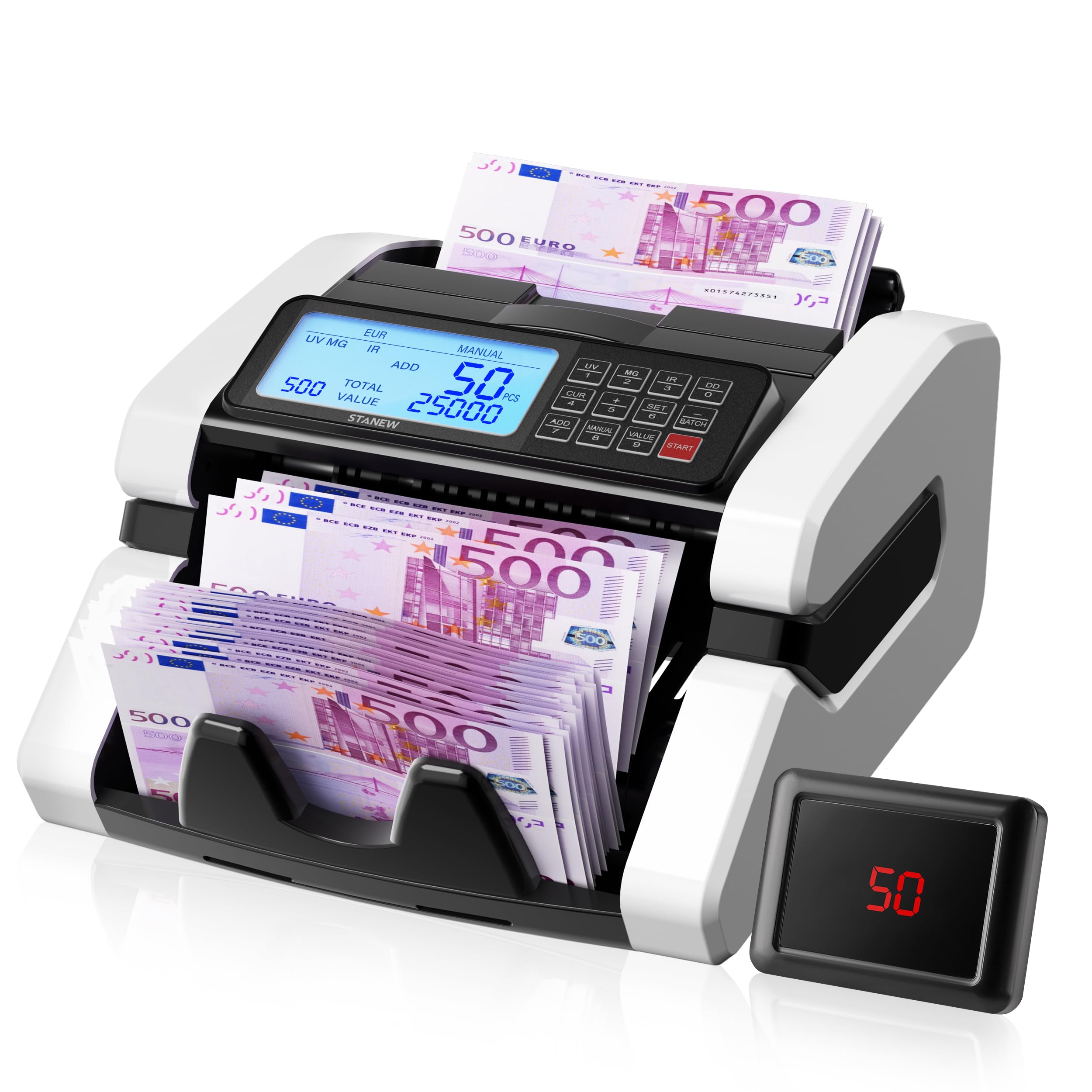 Contadora de Billetes STANEW, Multiple Counting Modes and Single Denomination Totalization Function, UV/MG/IR Detección, Velocidad >1000 PCS/Min, EUR/USD/GBP