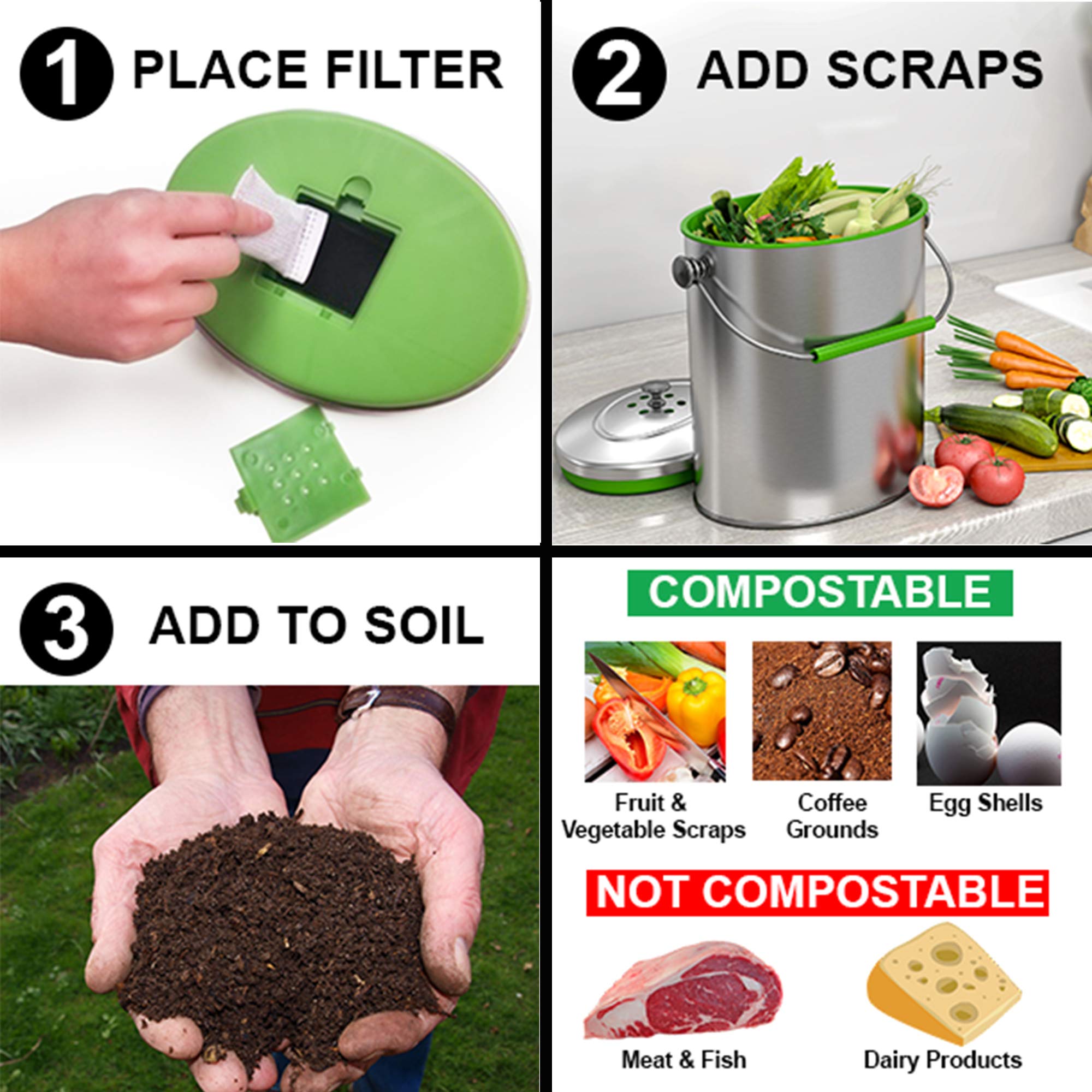 iTouchless Stainless Steel Compost Bin 1.6 Gallon Includes AbsorbX Odor