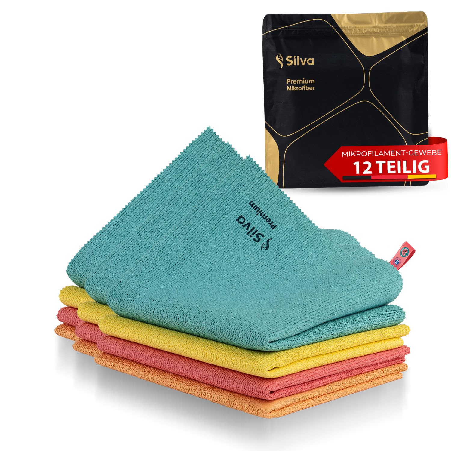 Silva Mikrofasertücher 38x35 cm – 12er Set Mix Farben – Fusselfrei, kratzfrei & saugfähig – Waschbare & Wiederverwendbare Allzwecktücher für Küche, Bad, Fenster, Glas, Möbel & Auto – Bunt & langlebig
