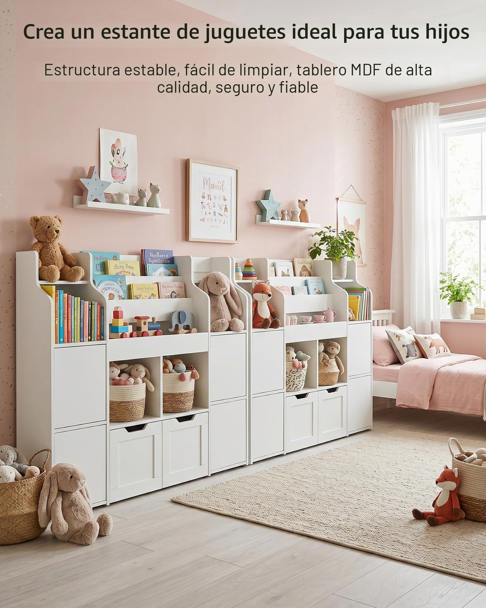 Libreria Infantil Estanteria con 2 Cajones Blanco Montessori Mueble Almacenaje para Habitacion Organizador de Juguetes con 8 Ruedas Seguro y Estable
