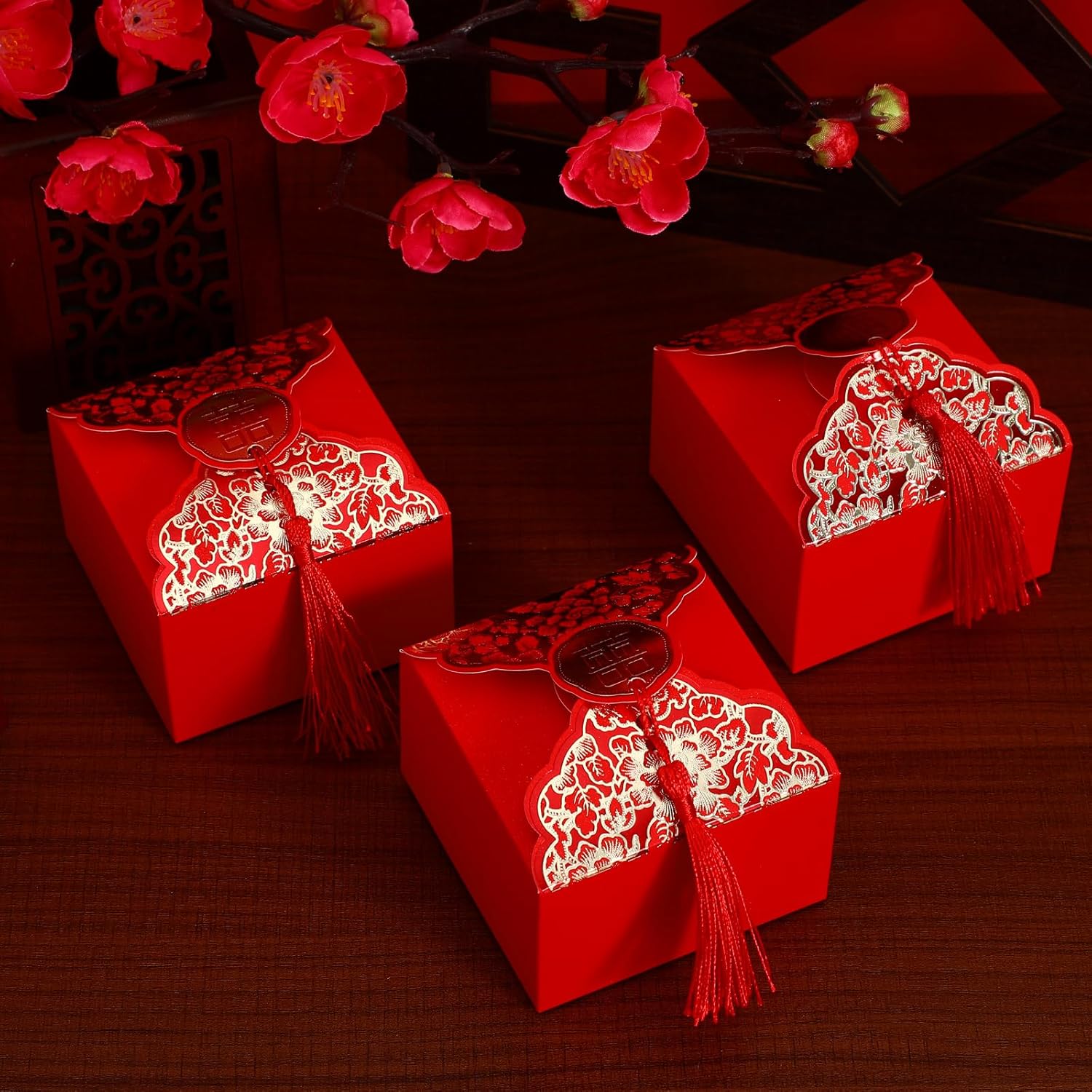 Abaodam Wedding Candy Box 20Pcs Chinese Style Xi Favor Boxes with Tassel Ribbon Portable Candy Storage Case for Wedding Baby Shower Birthday Party 3.18X3.18X1.96In - Image 6