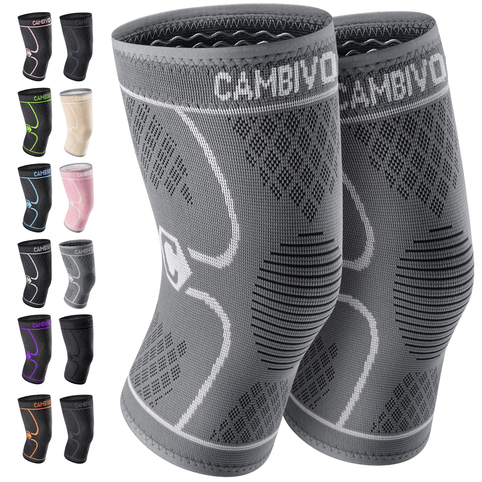 CAMBIVO 2 Pack Knee Brace, Knee Compression Sleeve for Men and Women, Knee Support for Running, Workout, Gym, Hiking, Sports (Cool Gray,Medium)