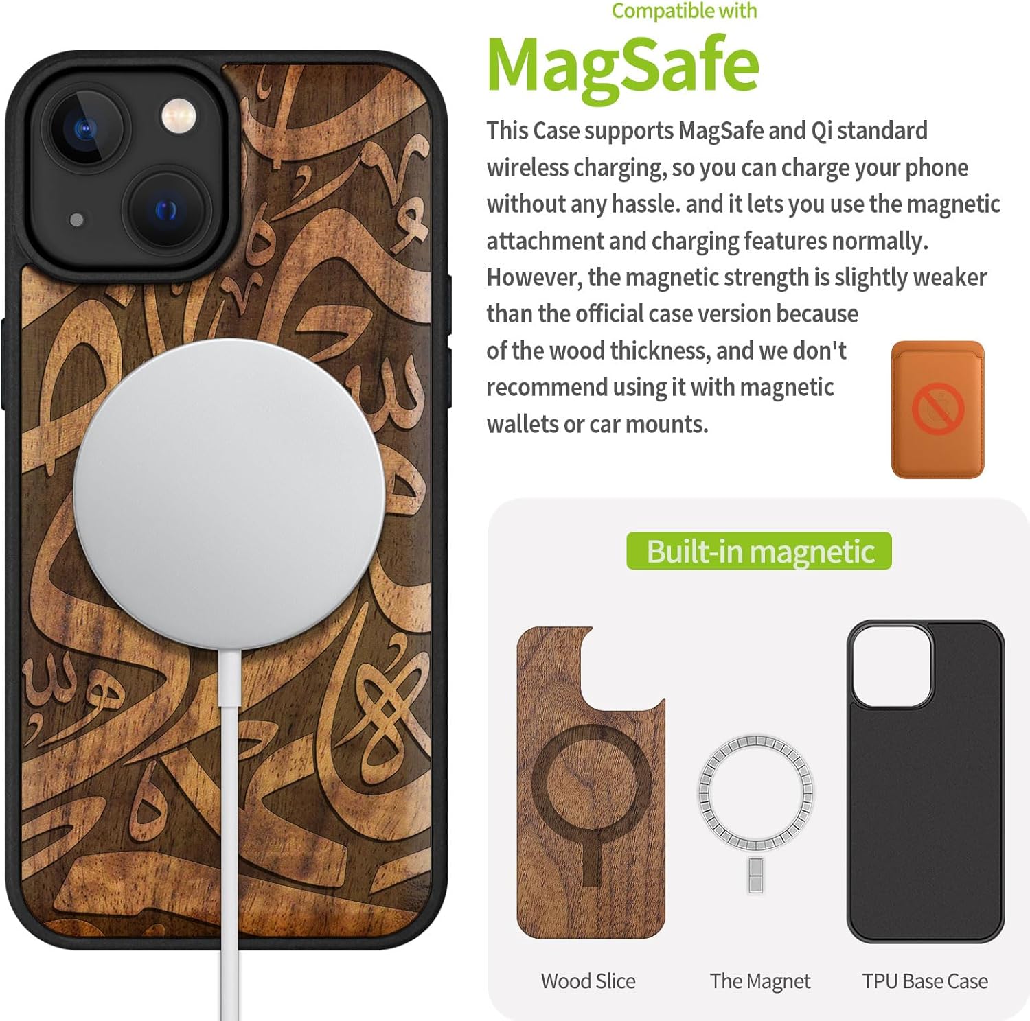 Carveit Magnetic Wooden Case for iPhone 15 Case, Compatible with MagSafe Wireless Chargers, Black Soft TPU Shockproof Cover & Wood Artisan Engraved (Abstract Calligraphy) - Walnut