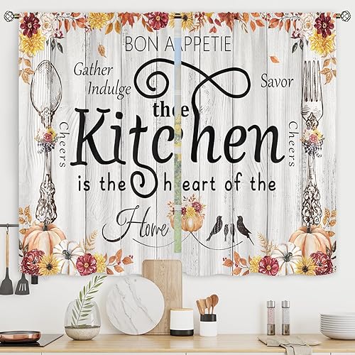 Riyidecor Cortinas de cocina de otoño y otoño, cortas, pequeñas, hojas de arce, calabaza, granja, flores rústicas, retro, bolsillo para barra, cita