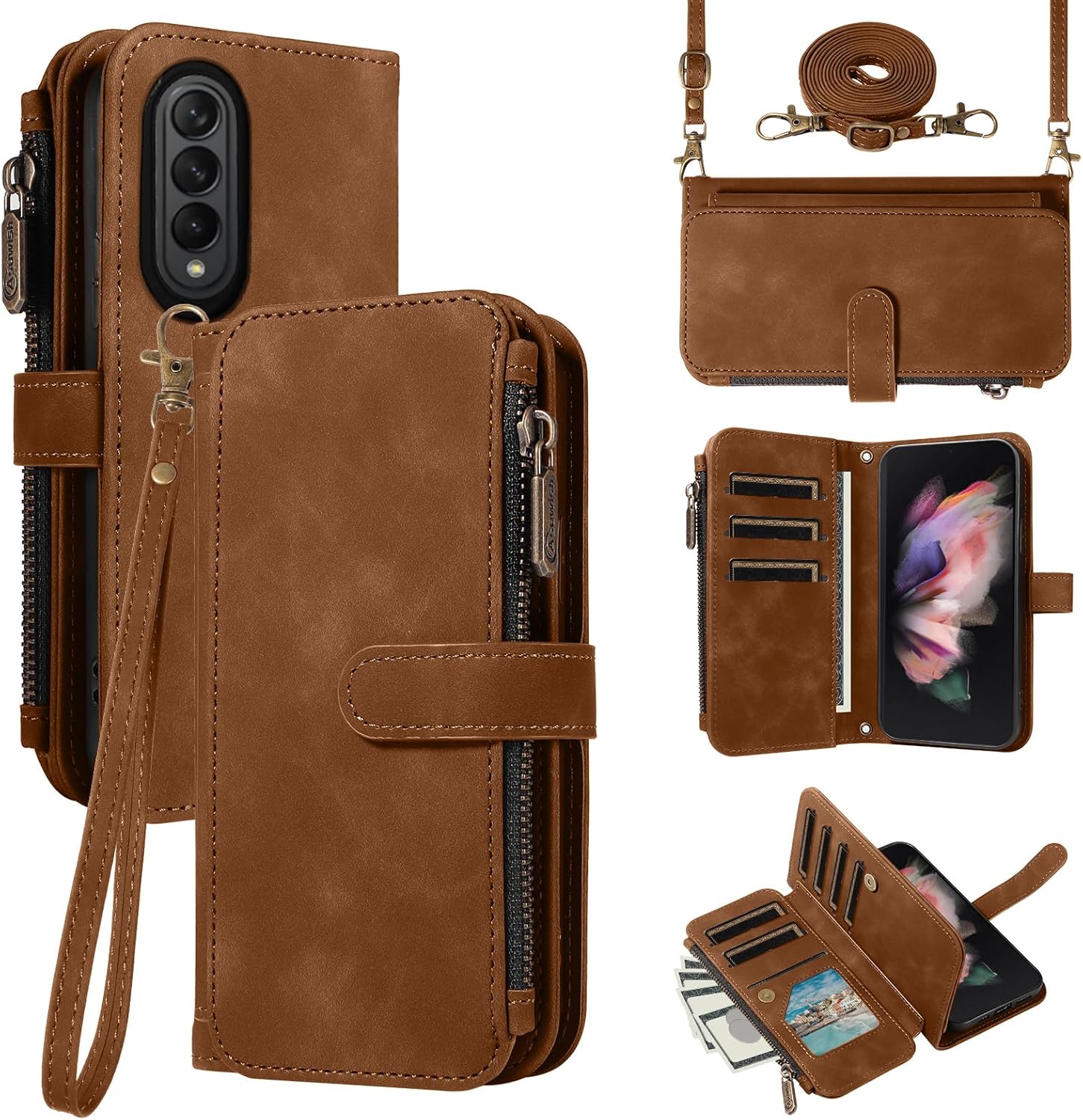 Asuwish Phone Case for Samsung Galaxy Z Fold 5 5G 2023 Zipper Wallet Cell Cover with Tempered Glass Screen Protector Crossbody Wrist Strap Flip Credit Card Holder Slot ZFold5 Z5 G Fold5 5Z Women Brown